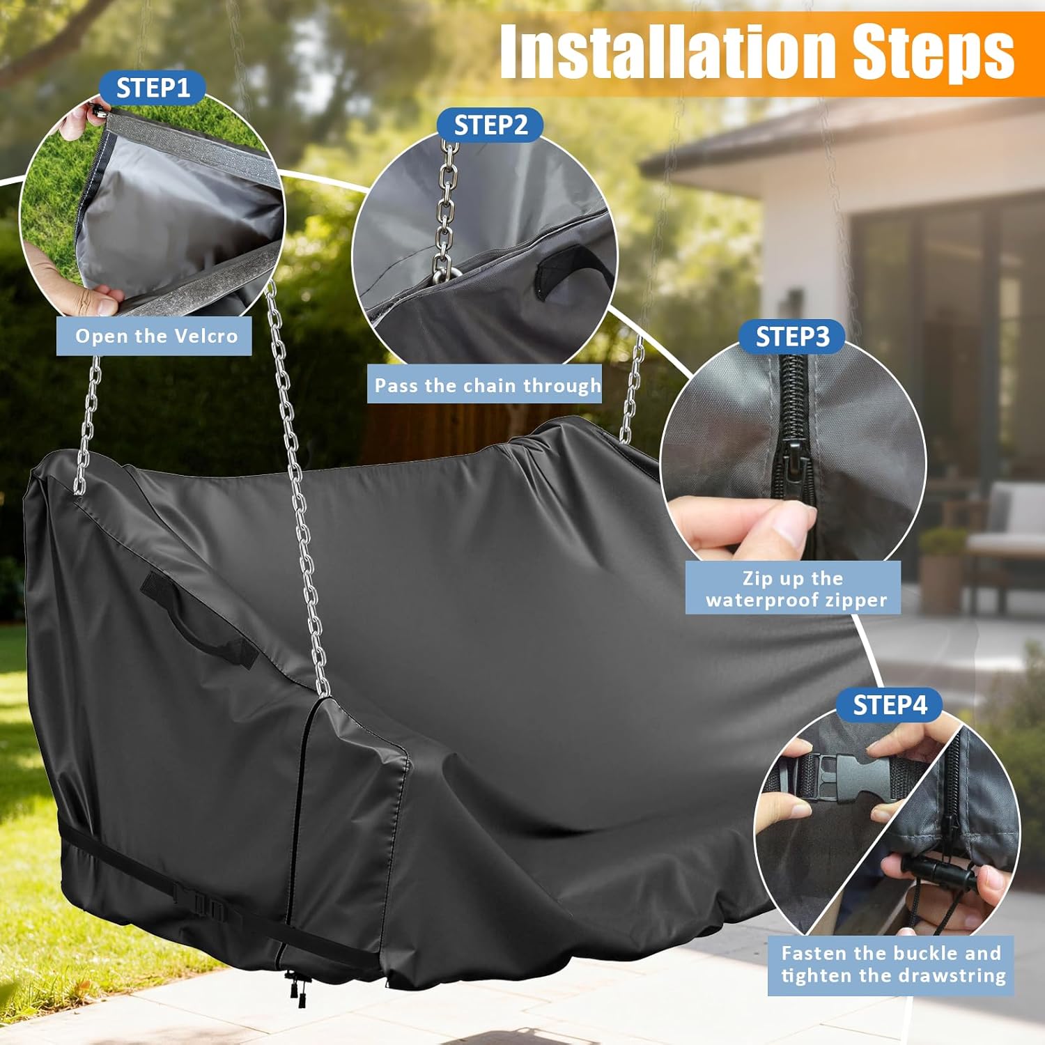 Waterproof Porch Swing Cover, 420D Oxford Fabric Outdoor Swing Cover, All-Weather Tear Resistant Swing Cover for Outdoor Patio Swing (62.2x27.5x27.5 Inches, Black)