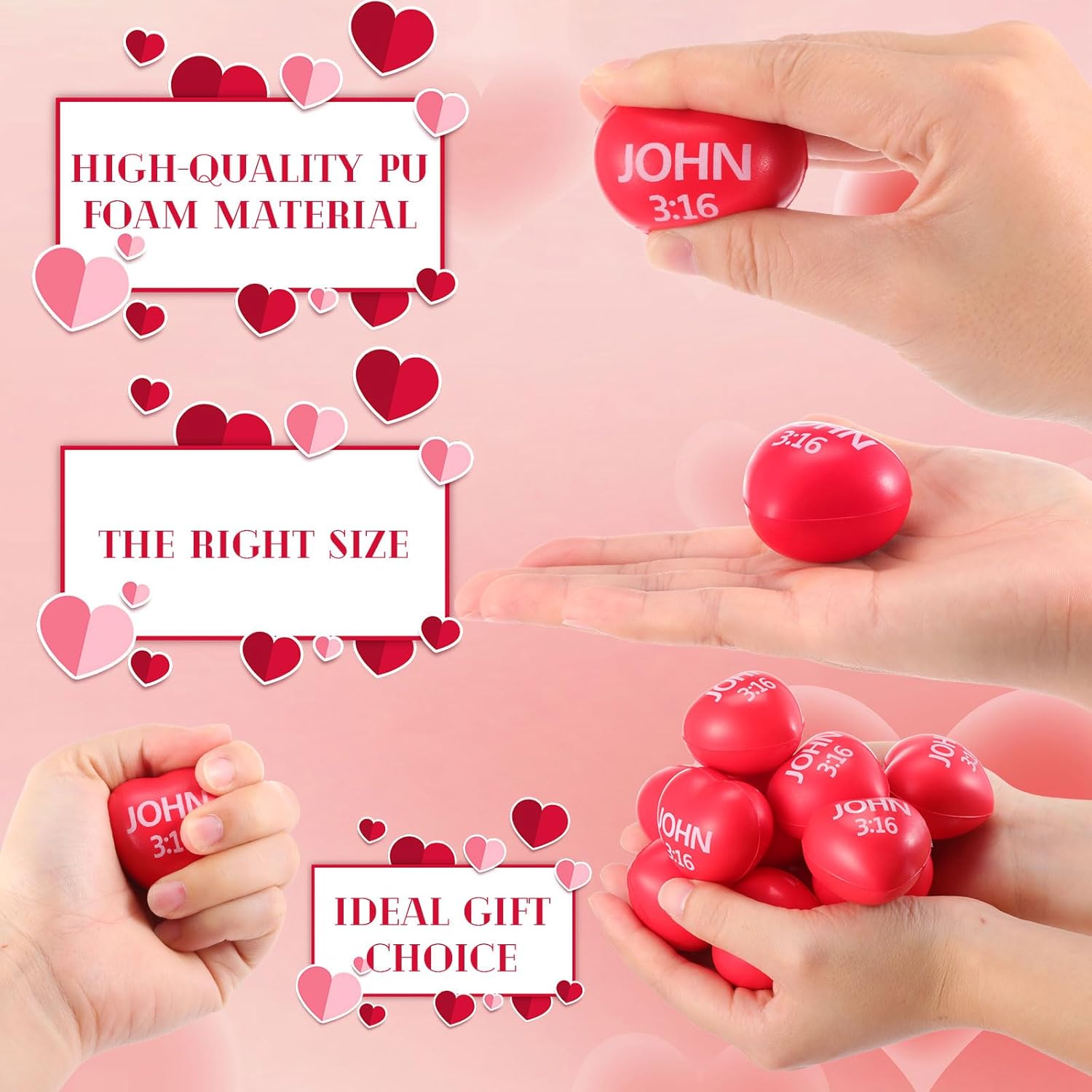 Zubebe 48 Pcs Christian Heart Stress Balls Bulk, John 3: 16 Jesus Loves You Foam Squeeze Balls, Religious Gifts for Sunday School Church Baptism First Communion Easter Vbs Party Favors (Red)