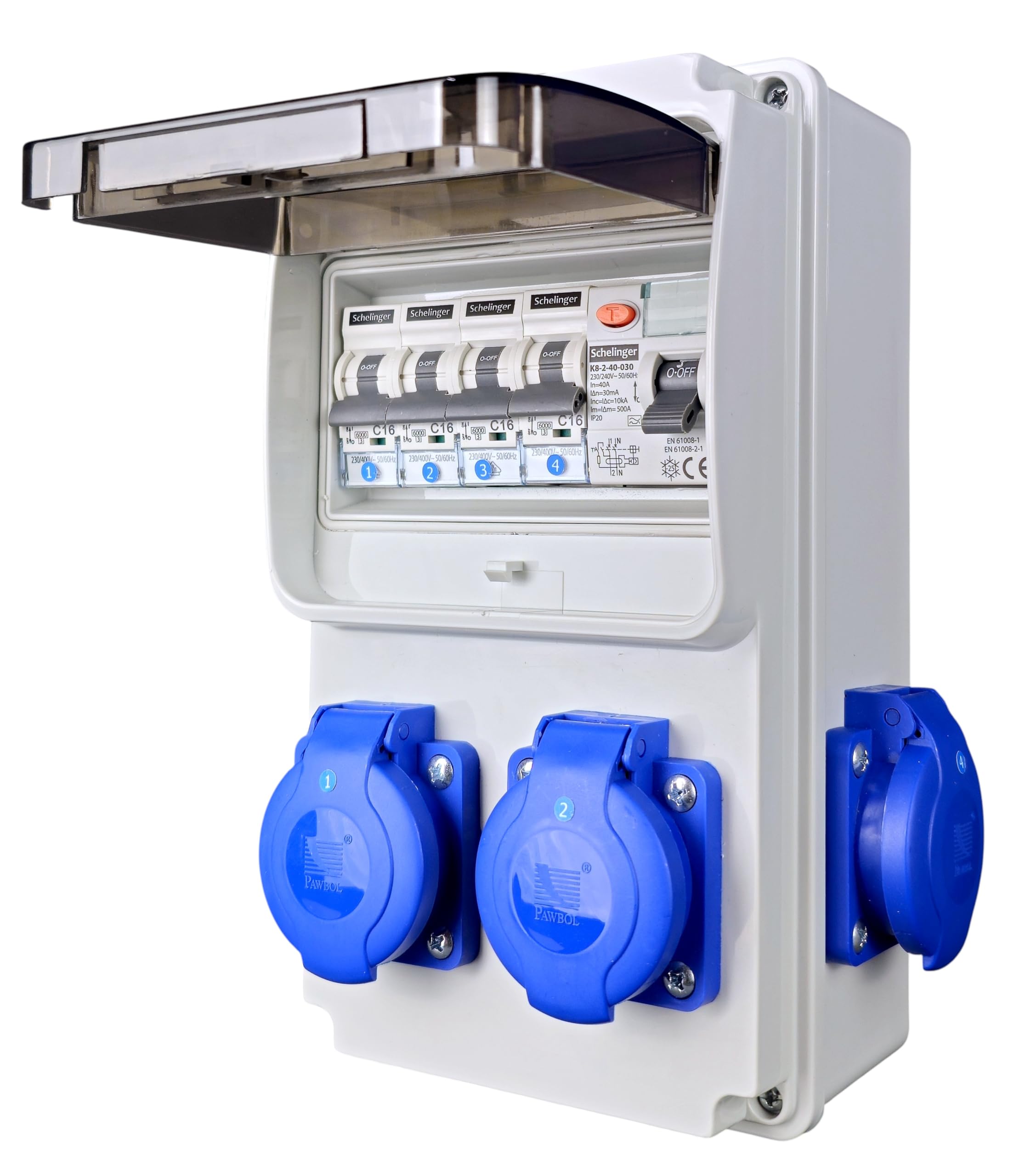 RoadEu - Coffret de Chantier 230V, 4x Prises avec interrupteur, IP44 Distributeur de Prises avec disjoncteur différentiel 40A type A/AC, 4x LS C16A. Idéal pour les ateliers, les garages et les usines
