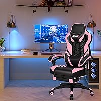 Vista 2 de POWERSTONE Silla para videojuegos, silla de videojuegos con reposapiés y soporte lumbar, estilo carreras, silla de computadora de piel sintética