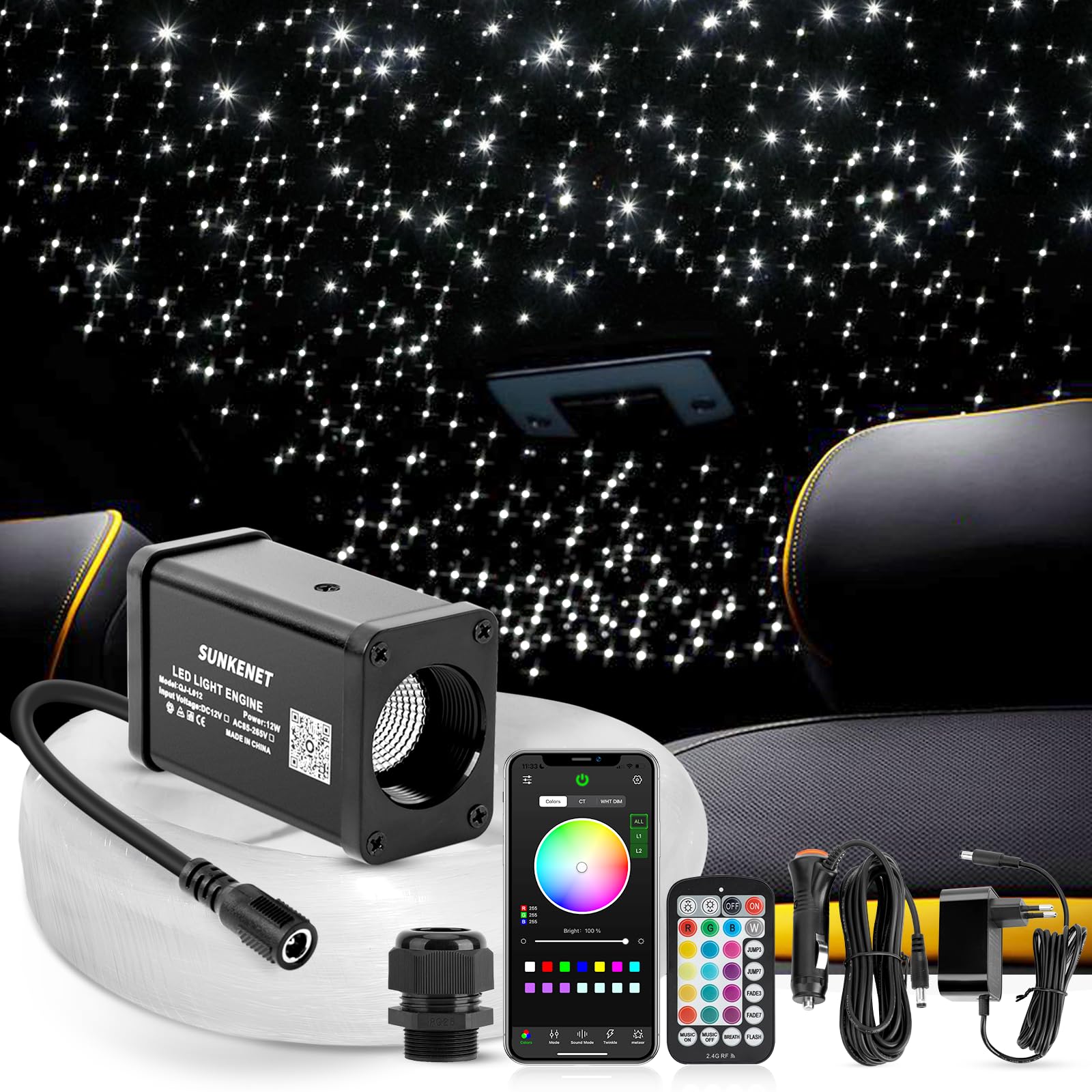 12W Mini Fibra óptica led, 650pcs*0.75mm*4m Luces de Fibra óptica para Techo de Coche y decoración del hogar, Luces estrelladas led con aplicación Bluetooth/Control Remoto/Modo de música