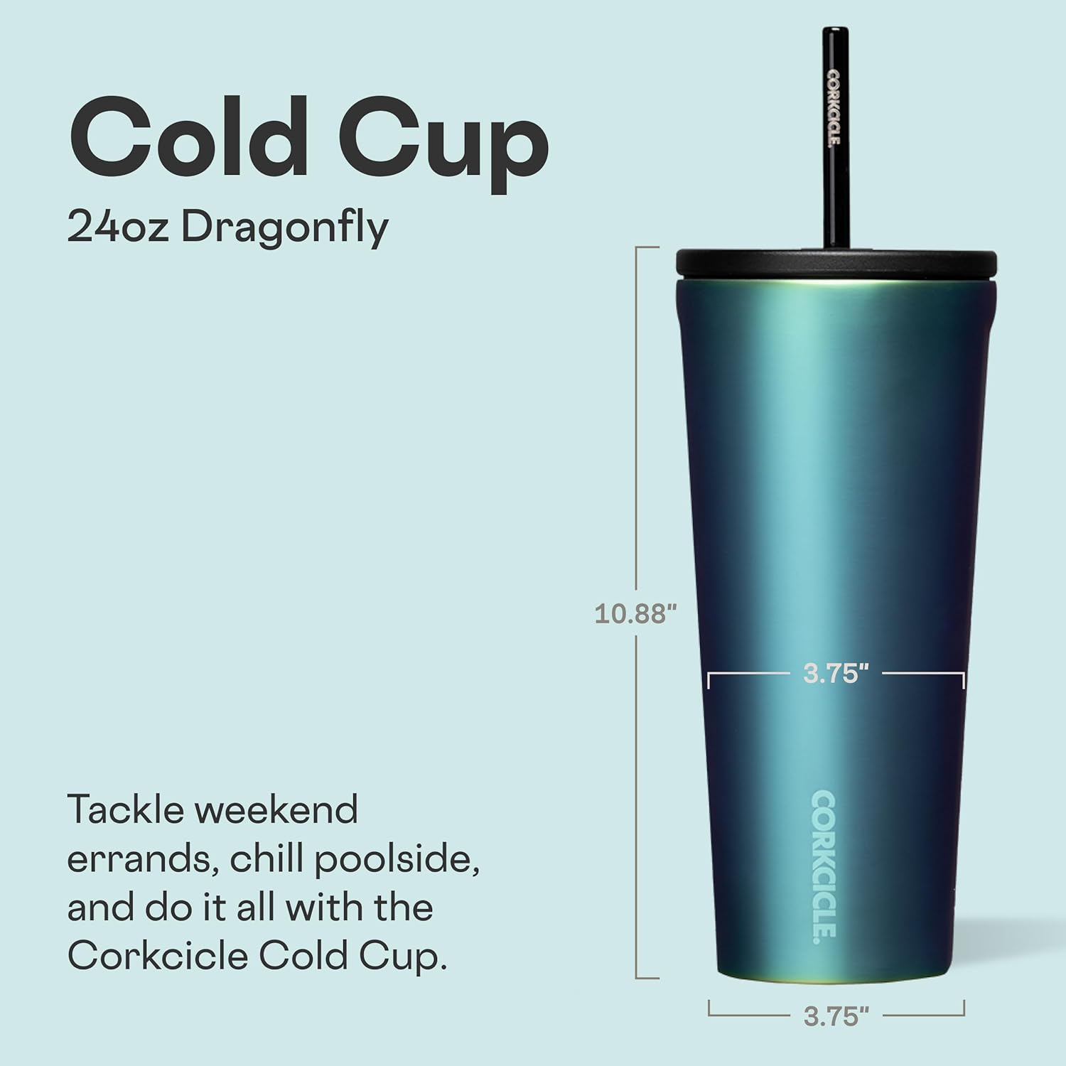 Corkcicle Cold Cup Insulated Tumbler with Straw - Keeps Drinks Cold for 12 Hours - Triple-Insulated Stainless Steel - Leak-Resistant Lid - Summer Drinkware Gift - 24 oz - Dragonfly