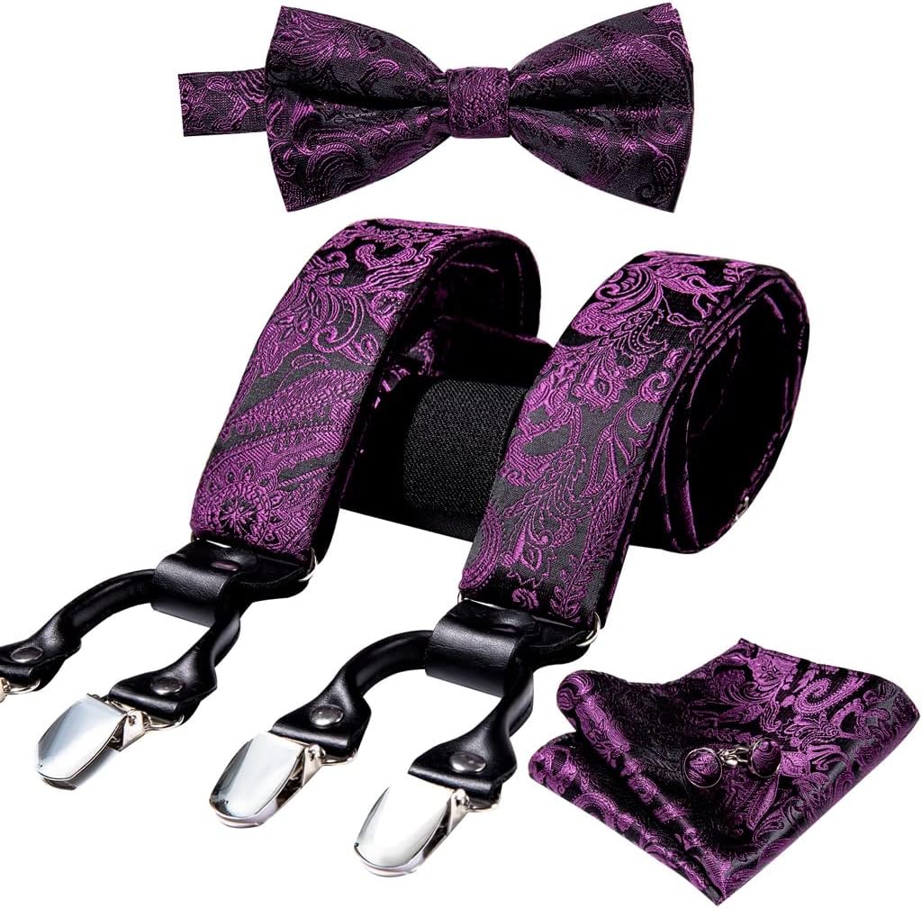 Men Suspender Set Silk Bowtie Tie 6 Clips Waist Belt Braces Vintage Elastic Wedding Suspenders