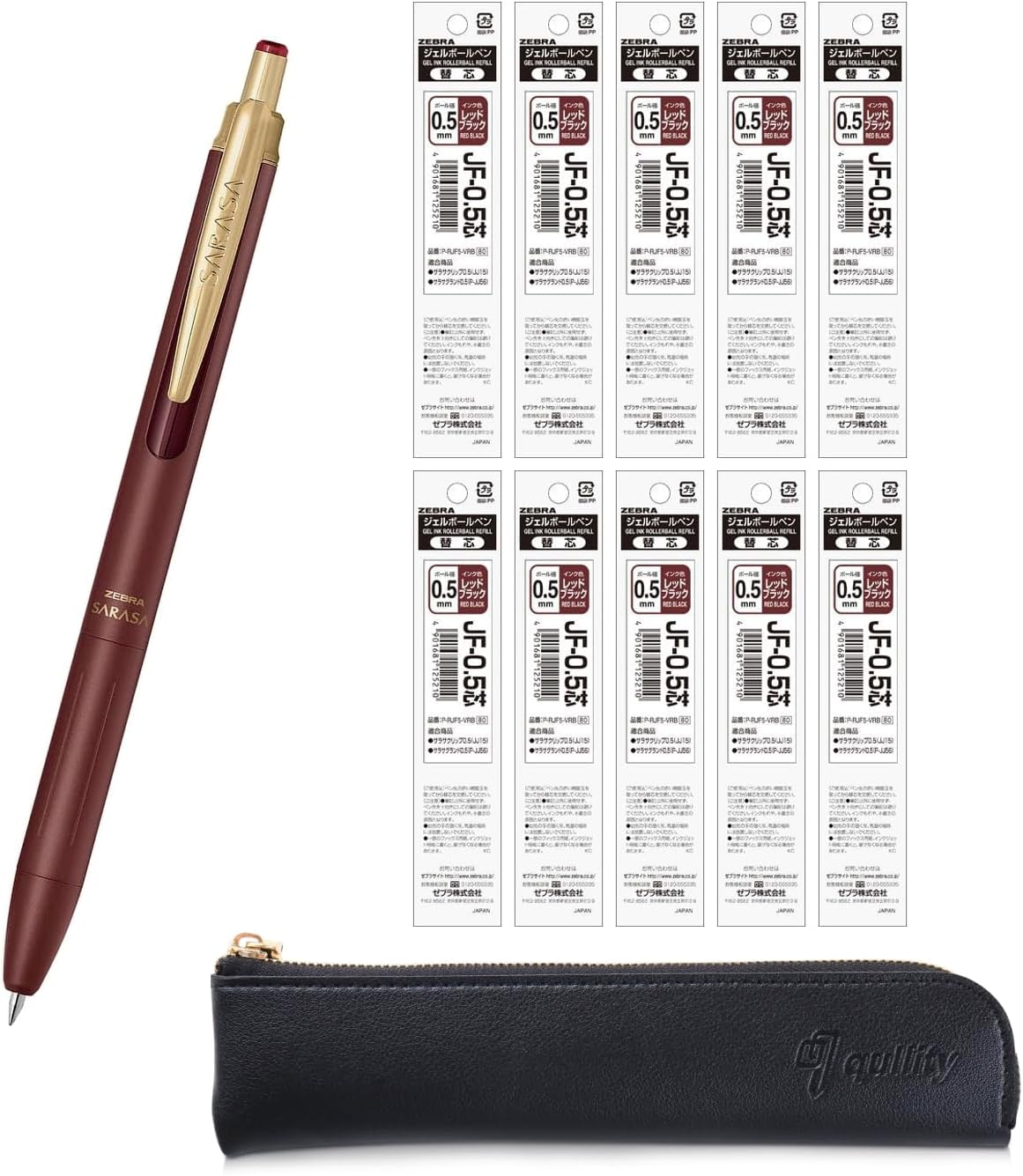 ZEBRA SARASA GRAND Gel Ballpoint Pen 0.5mm Red Black + 10 Refills, original Black slim pen case