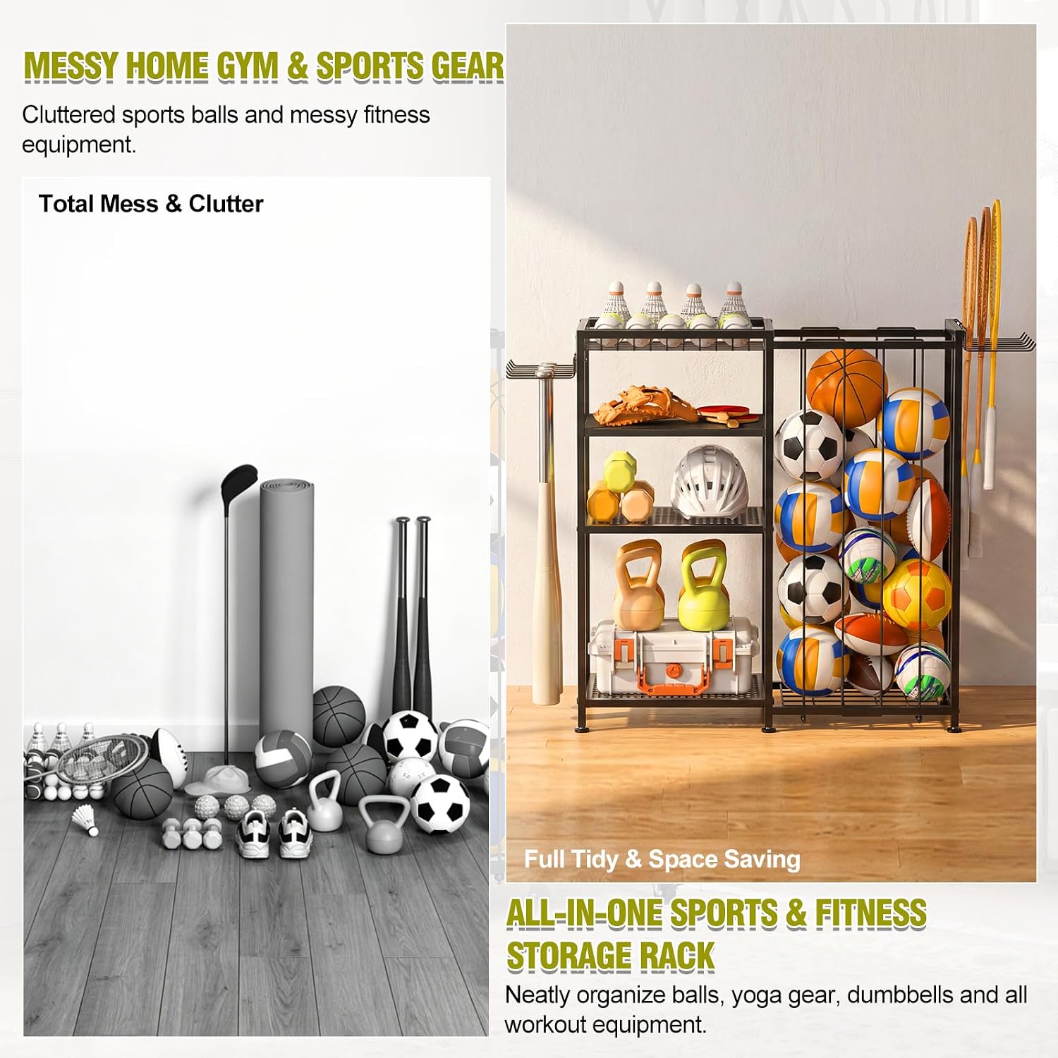 Garage Ball Storage Rack, Sports Equipment Organizer for Gear and Toys