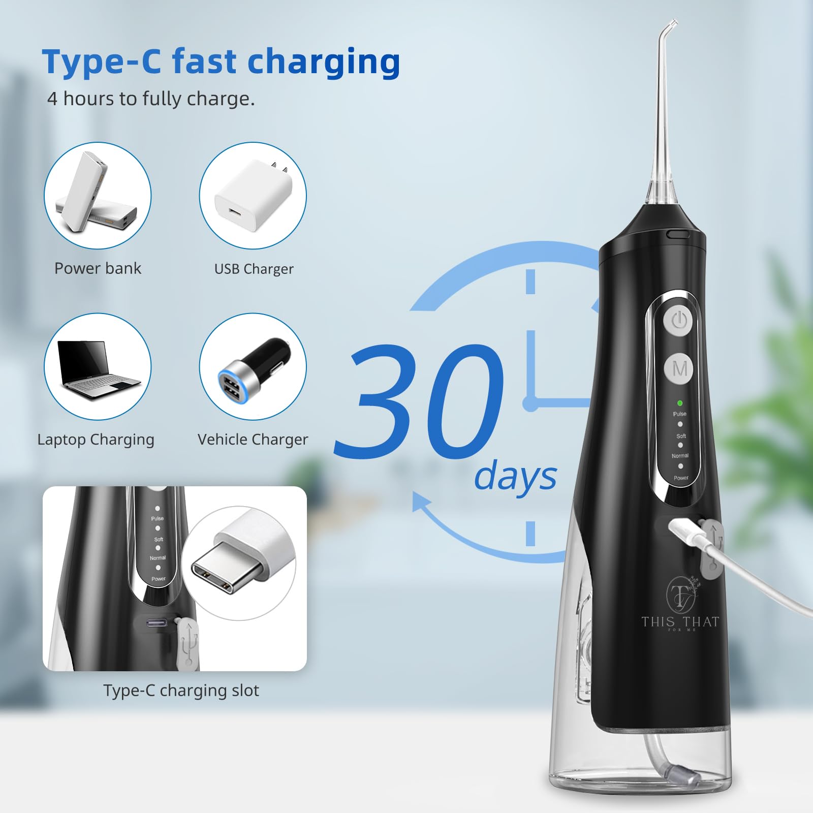 TTFM - Irrigador dental eléctrico para dientes y encías, irrigador oral portátil dental, 4 modos de presión, capacidad de tanque de 310 ml, limpiador de dientes impermeable IPX7 recargable, irrigador