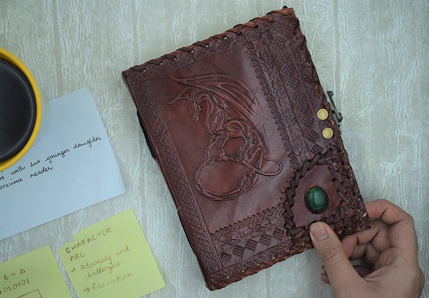 OVERDOSE Draak met steen reliëf dagboek notitieboek | Handgemaakt antiek stenen dagboek reisgeschenk mannen vrouwen dagboek lederen schetsboek tekening grootte 5 x 7 inch 12x17 cm