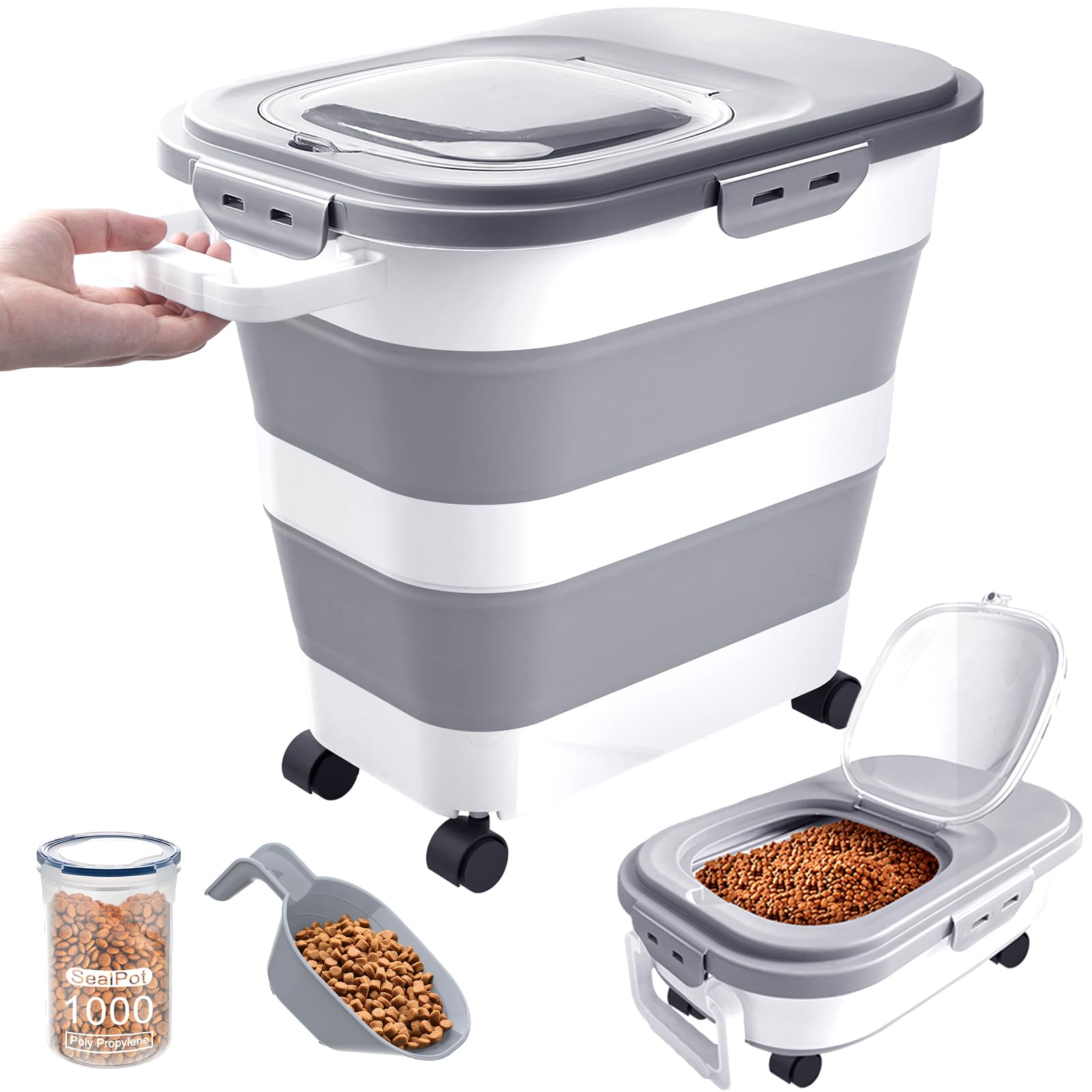 DDMOMMY 23-25 Lbs Airtight Dog Food Storage Container,Collapsible Dog Food Container with Lid,Wheels,Handle,Large Pet food storage Container with Scoop,Small Food Container for Pet