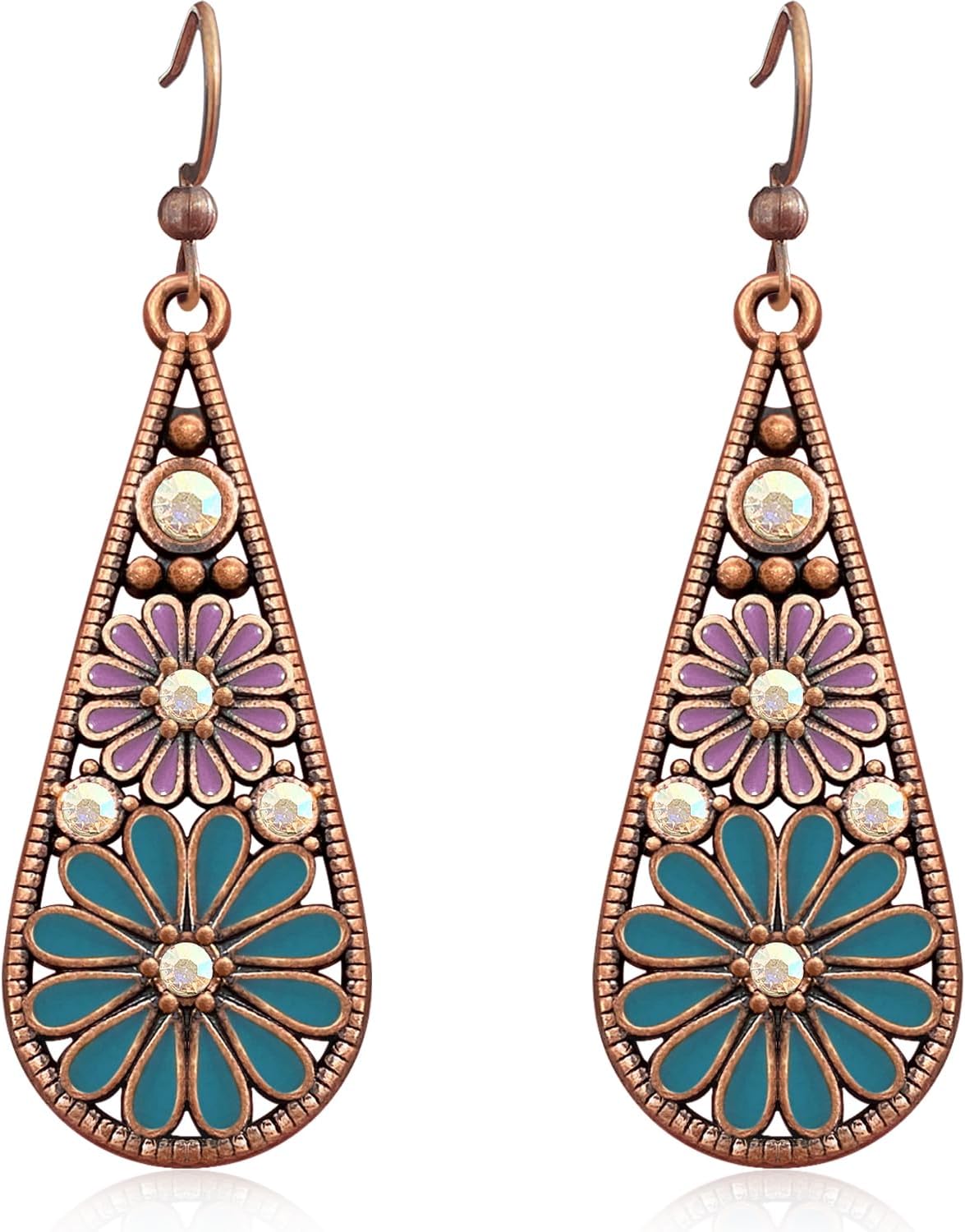 Handmade Bohemian Tribal Retro Copper Crystal Teardrop Dangle Drop Earrings National Style Geometry Colorful Enamel Flower Hook Earrings for Women