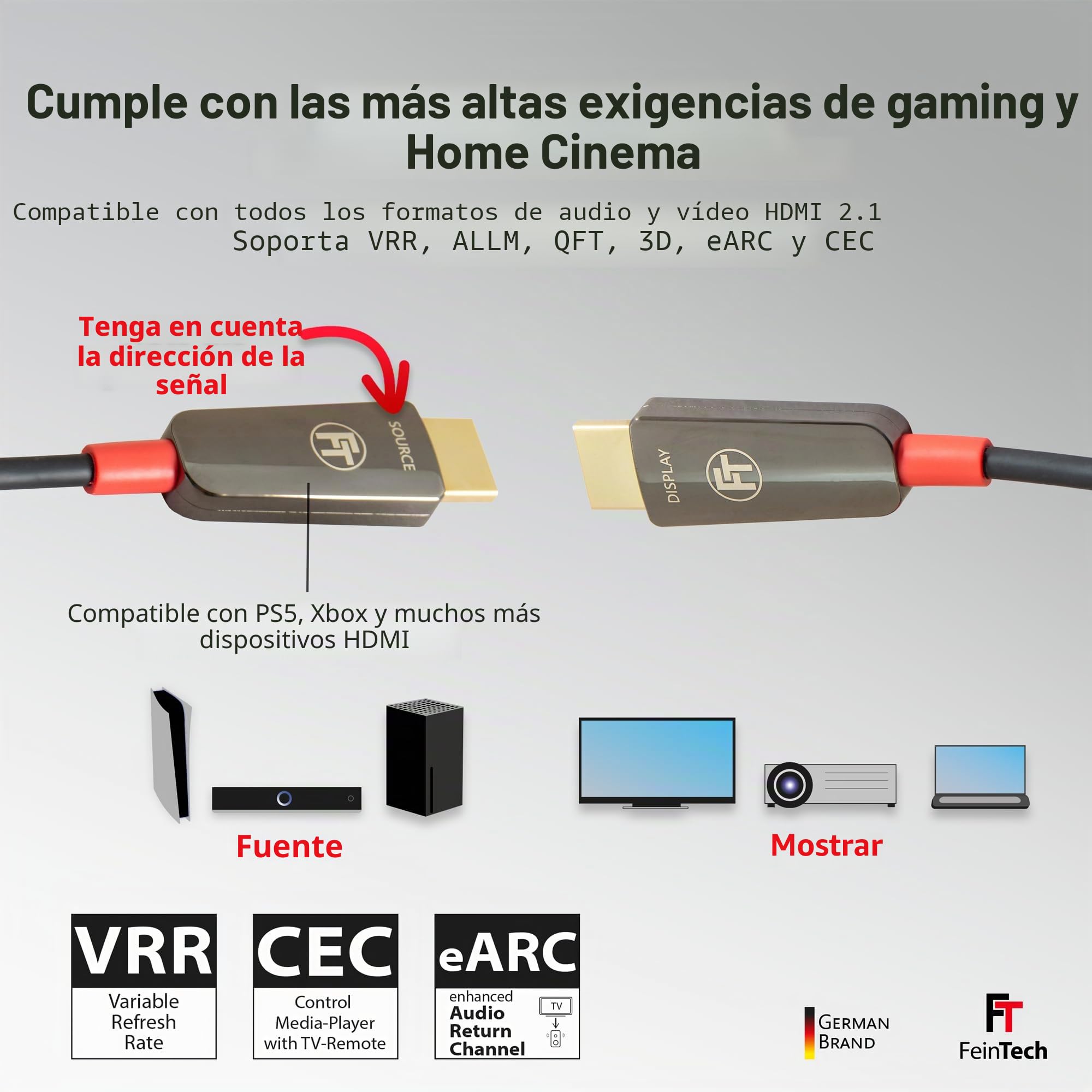 FeinTech 8K HDMI - Cable de fibra óptica (10 m, 4 K, 120 Hz, 1440 p, 144 Hz, para juegos HDMI 2.1, PS5, Xbox PC, TV, 48 Gbps, compatible con CEC, VRR, HDR, Dolby Atmos, 3D, VMI90100)