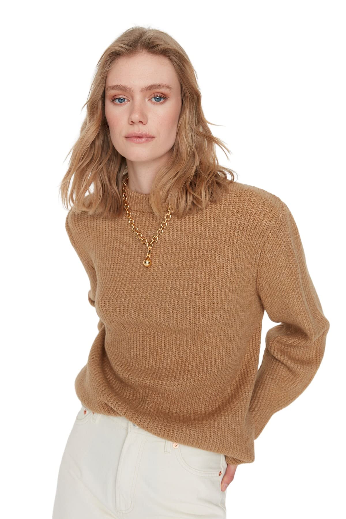 Trendyol Women Oversize Basic Crew Neck Knitwear Sweater Camels