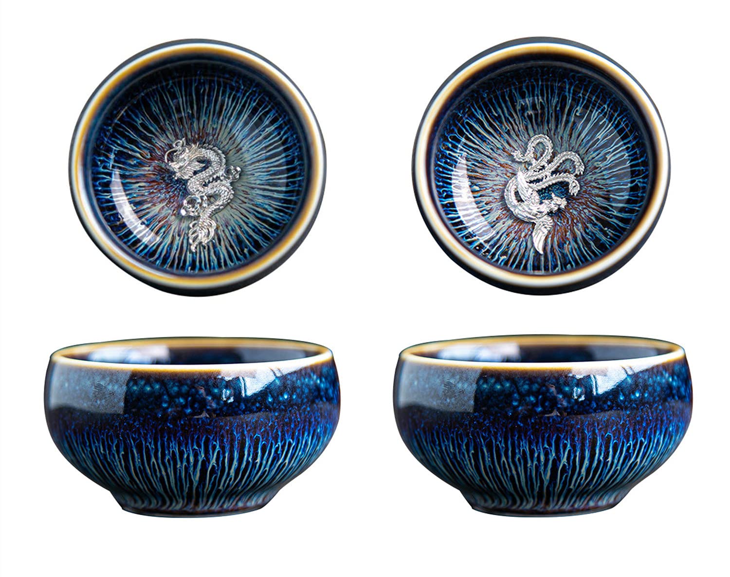 Dragon Phoenix Jianzhan Tenmoku Tea Cups Set, Handcrafts 3D Peacock Glaze Chinese Kungfu Teacups (Blue)