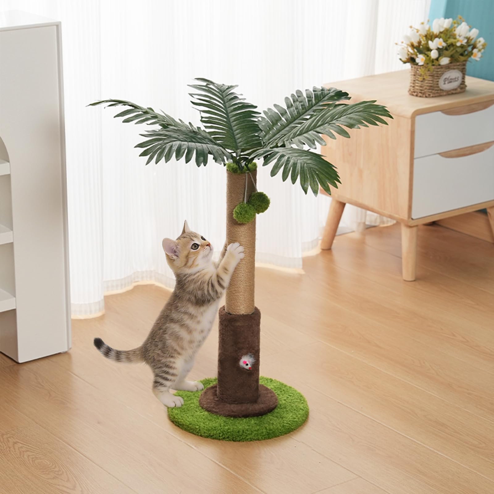 56 cm Cat Scratching Post, Cute Sisal Rope Scratcher with Dangling Balls for Kittens & Small Indoor Cats, Durable & Interactive Scratching Posts (M)
