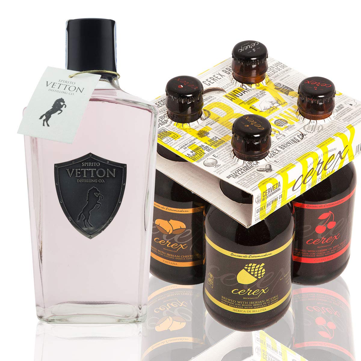 CEREX – Pack 4 Cervezas Artesanas + Ginebra Cereza Premium Artesanal Spirito Vetton - Cerveza de Castaña, Cereza, Ibérica de Bellota y Pilsen - MEJOR GINEBRA DE ESPAÑA 2019