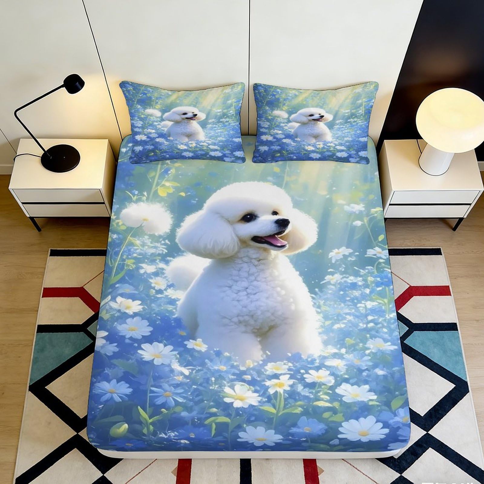 3D Printed White Poodle Fitted Sheet Microfiber Soft Breathable Floral Bed Cover for Bedroom Dormitory Guest Room Mattress Protection Decor 90x200x25cm