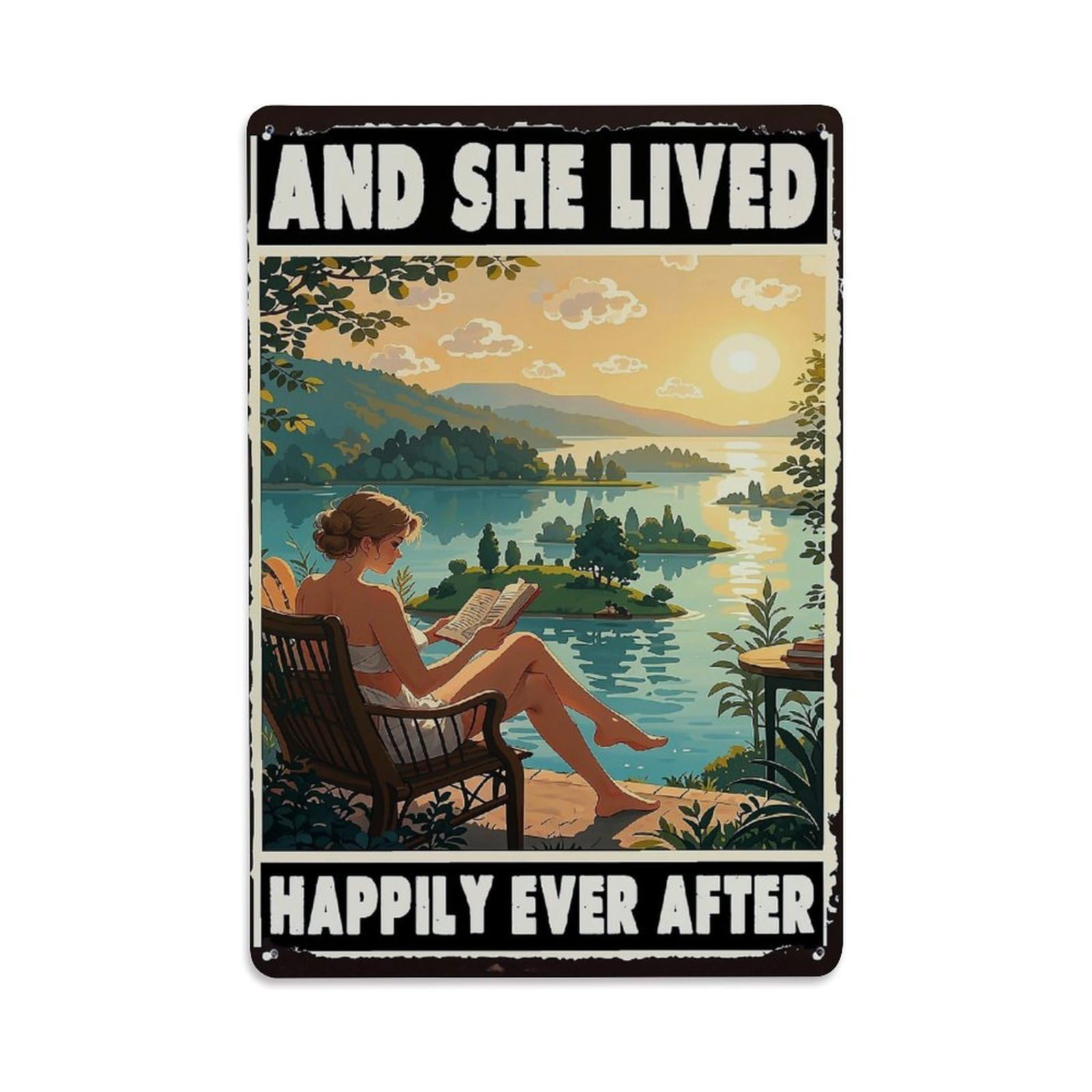 Jdfenggu Vintage Lake Side Reading Scene Retro Metal Tin Sign, Decor Art Poster For Bar, Home, Man Cave, Kitchen, Laundry Room Gift 8X12inch