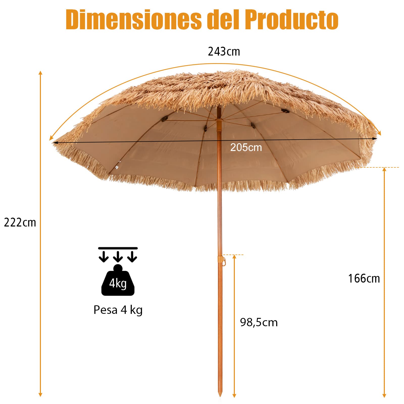 COSTWAY Sombrilla playa, Sombrilla Terraza Exterior con Apariencia de Paja y 8 Costillas, Sombrilla de Playa Inclinable y Plegable para Jardín, Parasol Exterior sin Base
