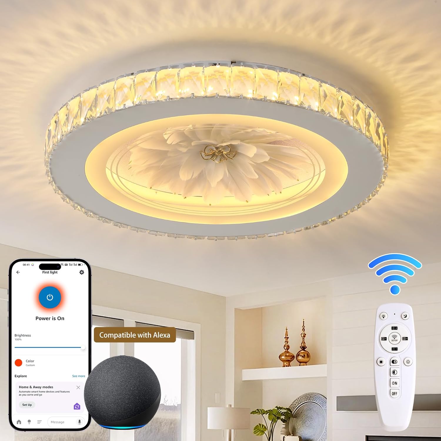 19" Smart Crystal LED Ceiling Light Compatible with Alexa, Dimmable Control Pendant Lighting for Bedroom, Kitchen, Dining Room, Hallway, Living Room
