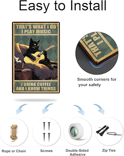 Miniatura 6 de ALKB Letrero de gato negro con diseño de guitarra, con texto en inglés Thats What I Do I Play Guitar and I Know Things, 8 x 12 pulgadas, ideas de