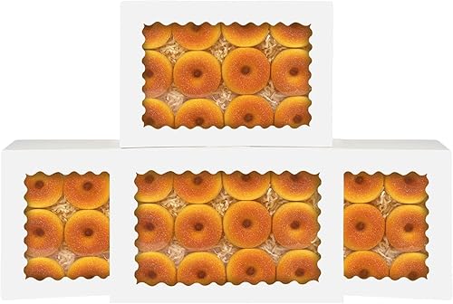 qiqee Caja de galletas blanca desplegable automática con ventana de 14 x 10 x 2.5 pulgadas, 24 unidades de panadería pastelería macarrón para