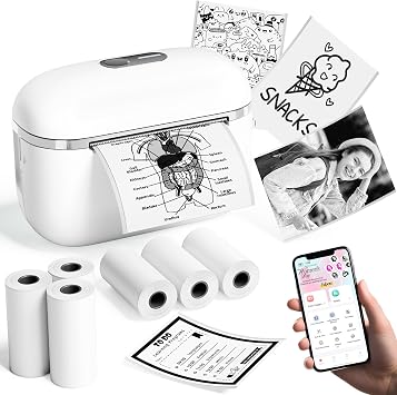 T02E Mini Sticker Printer & 6 Rolls Paper, Student Must Have | Super Mini, Journaling, Study Notes, DIY Crafts, Gift, Print Pod Sticker Maker Machine