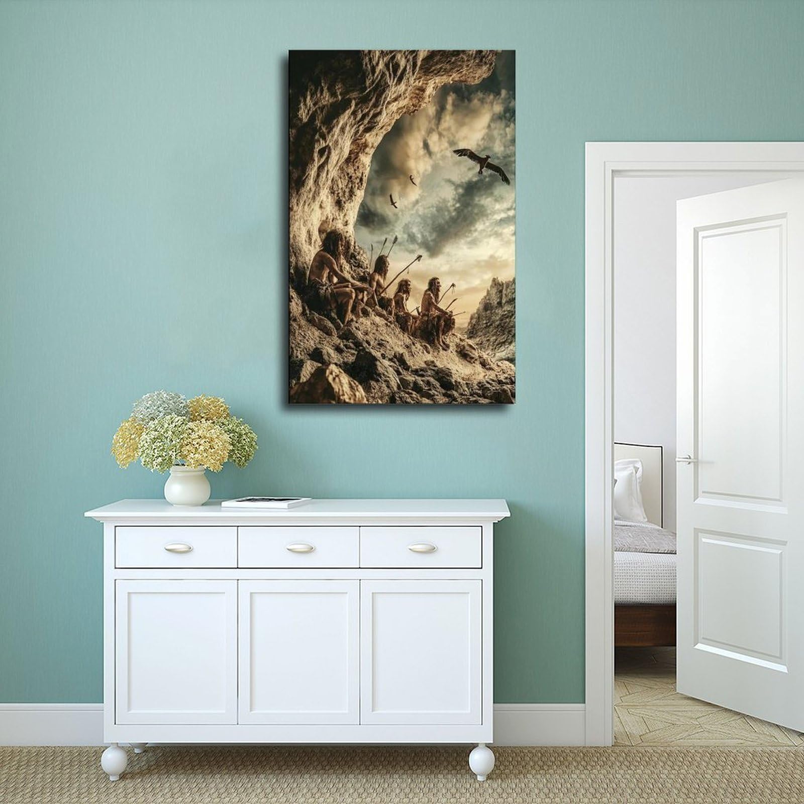 Kunstdruck auf Leinwand, Motiv: Steinzeitjäger und Sammler, Schlafzimmer, Dekoration, Landschaft, Büro, Raumdekoration, Geschenk, 61 x 91,4 cm (L x B)