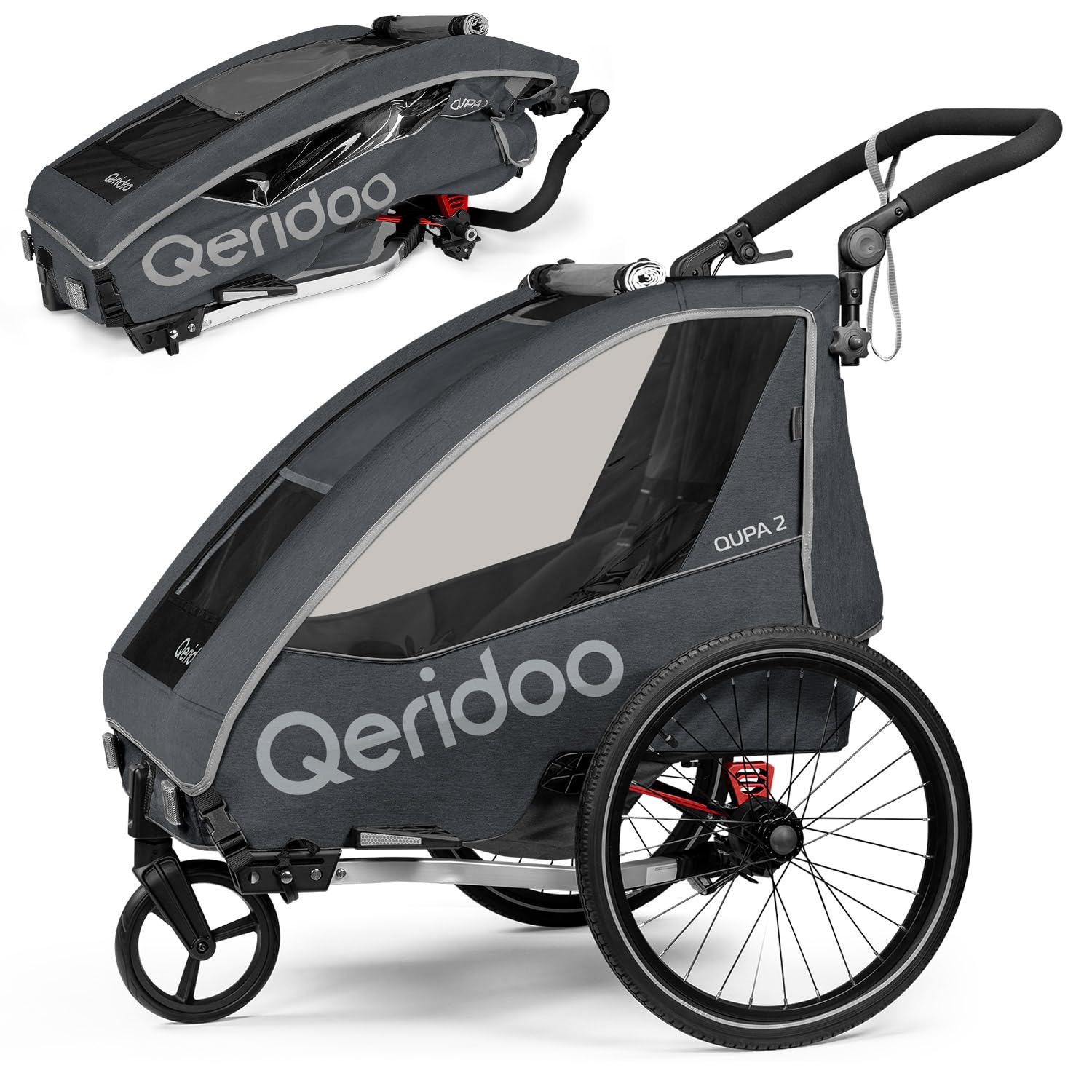 Qeridoo QUPA 2 Grey | Fahrradanhänger 2 Kinder | Kinder Fahrradanhänger mit Blattfederung & Handparkbremse | Jogger Kinderwagen | Kinderfahrradanhänger klappbar | Fahrrad Anhänger