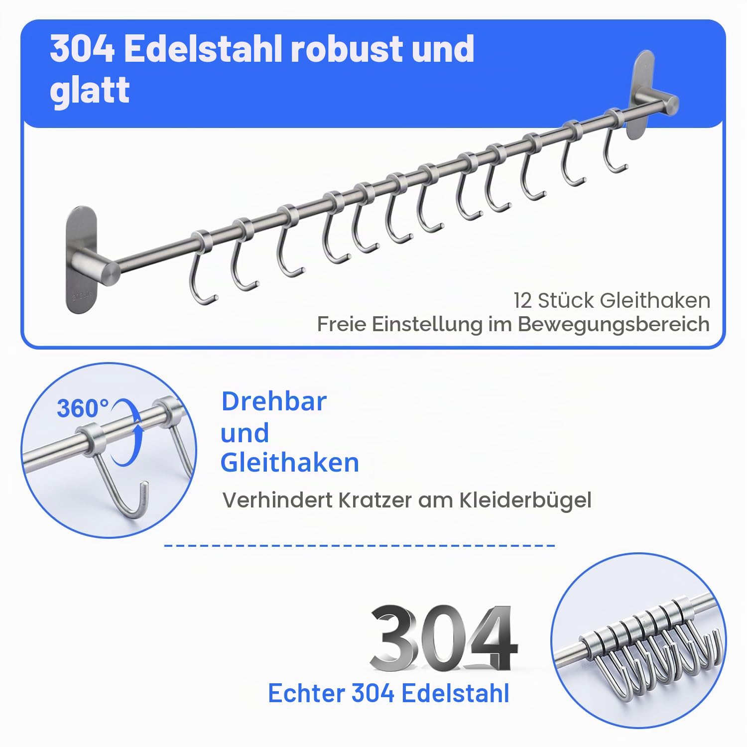 Küchenreling Küchenutensilienhalter aus Edelstahl rostfrei Hängeleiste Pfannehalter Tassenhalter mit 12 Haken Ohne Bohren