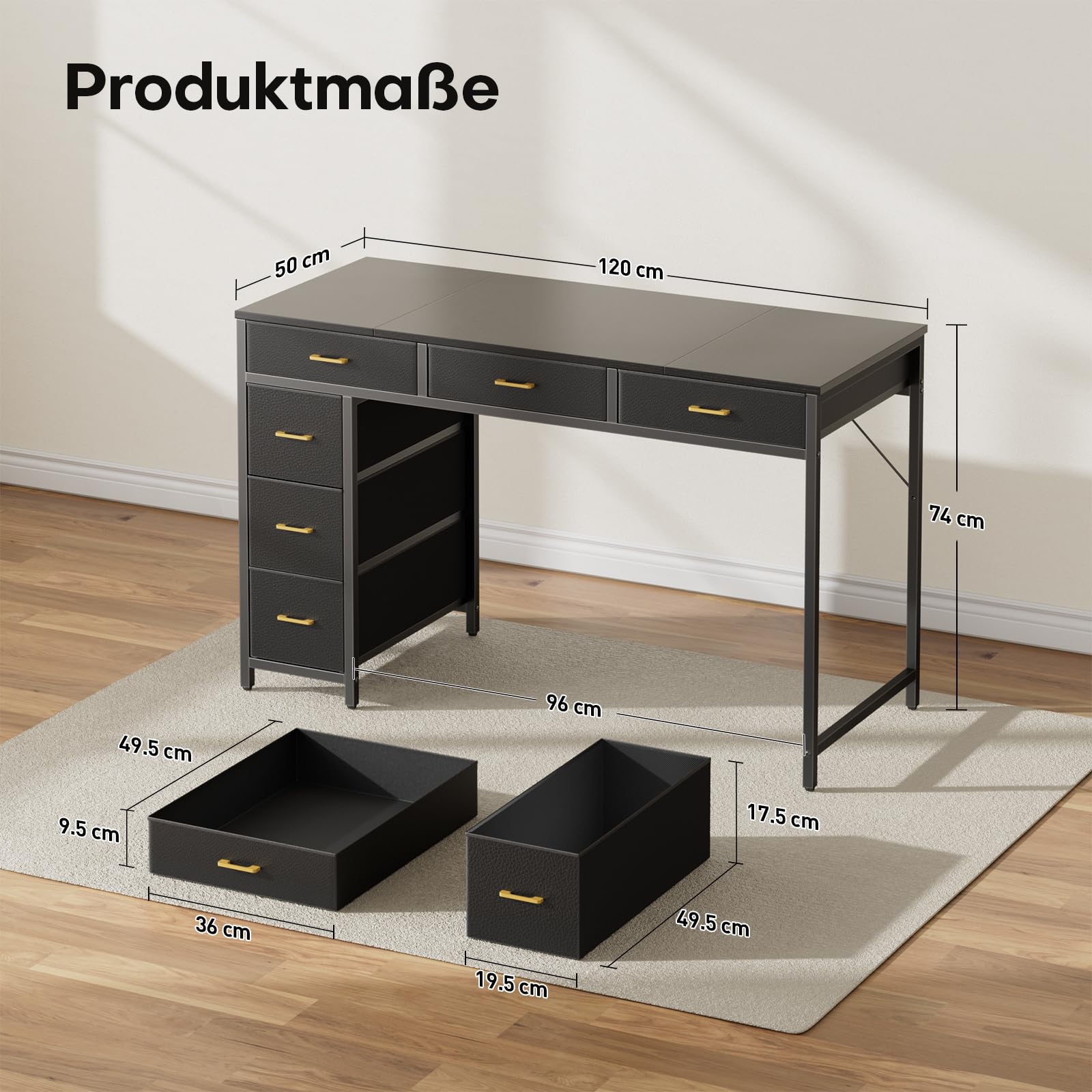 HLONONE Biurko z 6 szufladami materiałowymi, 120 cm odwracalne | Biurko komputerowe z miejscem do przechowywania, nowoczesny stół do biura, salonu i gabinetu, czarny