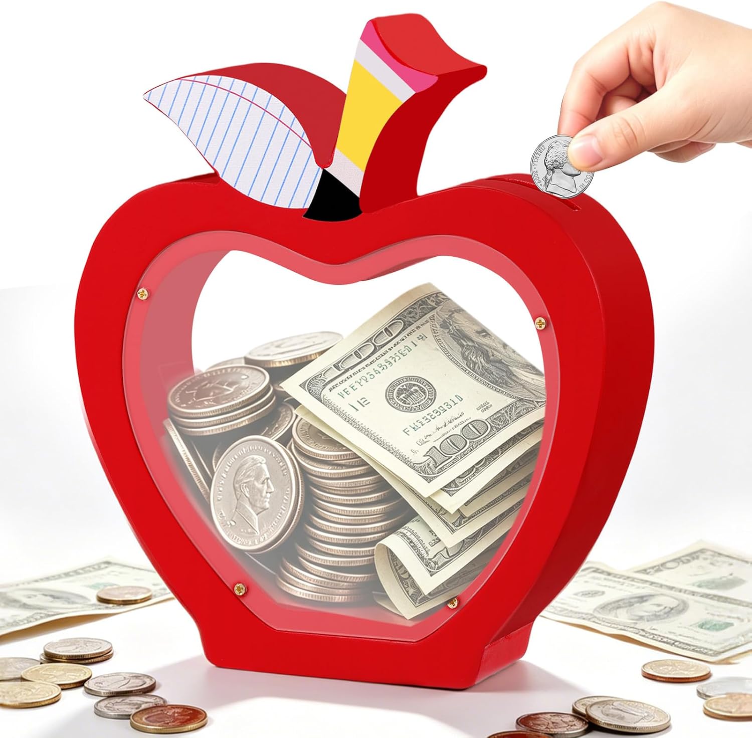 Wooden Piggy Bank for Back to School, Unbreakable Coin Bank for Teens, Clear Money Savings Box, Reusable Piggy Bank for Adults, Visual Savings Tracker for Daily Use