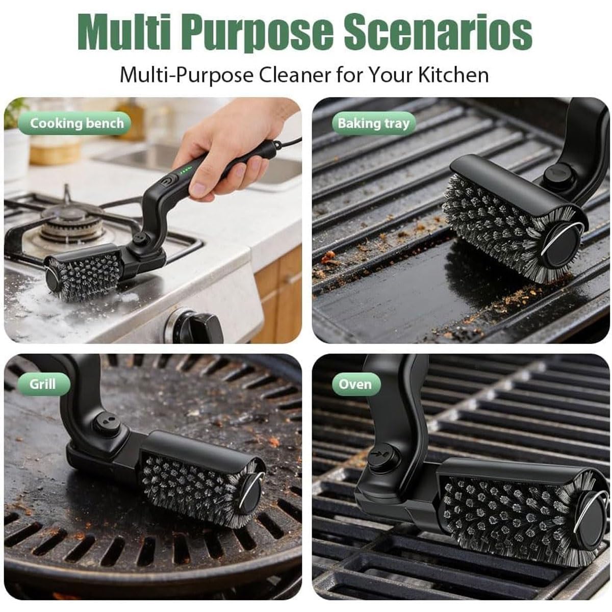 Cepillo eléctrico para parrilla, limpiador inalámbrico para barbacoa con 2 cabezales, acero inoxidable, control de 3 velocidades, batería de 2600 mAh para 90 minutos de funcionamiento, ideal para