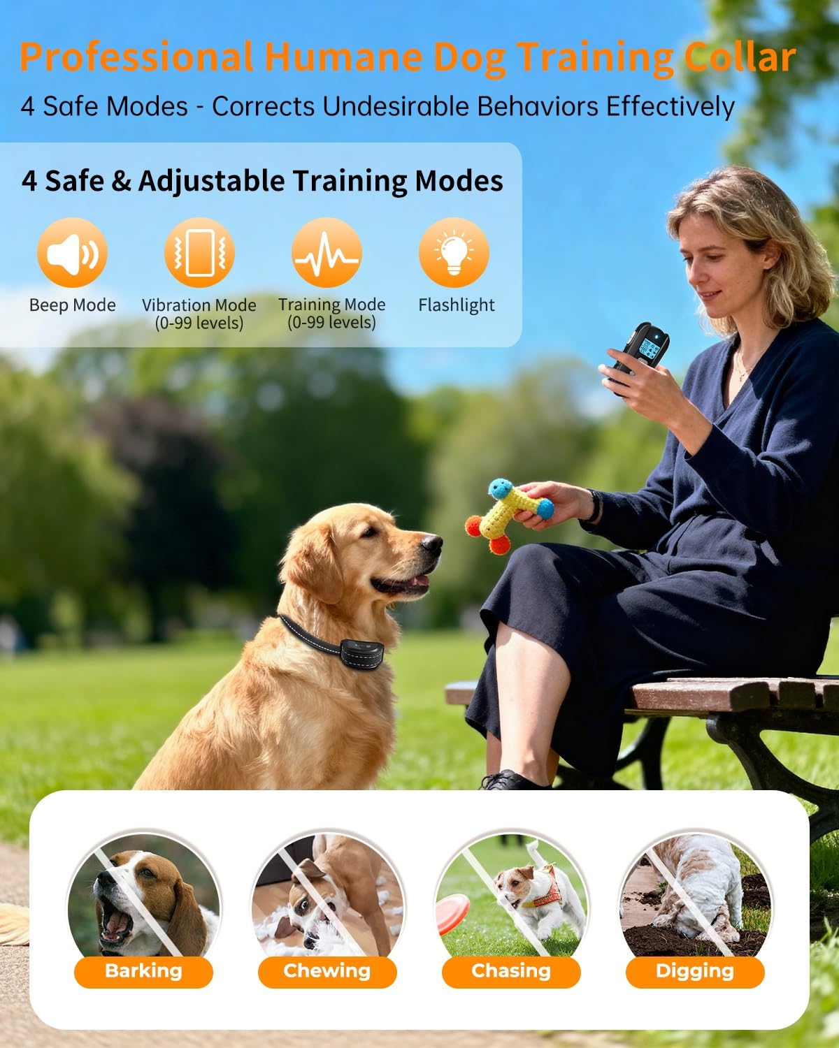 Dog Shock Collar with Remote Control – Shock Collar for Dogs 10–120 lbs, 2000FT Long Range IPX7 Waterproof Rechargeable Dog Training Collar with 4 Safe Modes Beep Vibration Shock & Flashlight BK — view 2