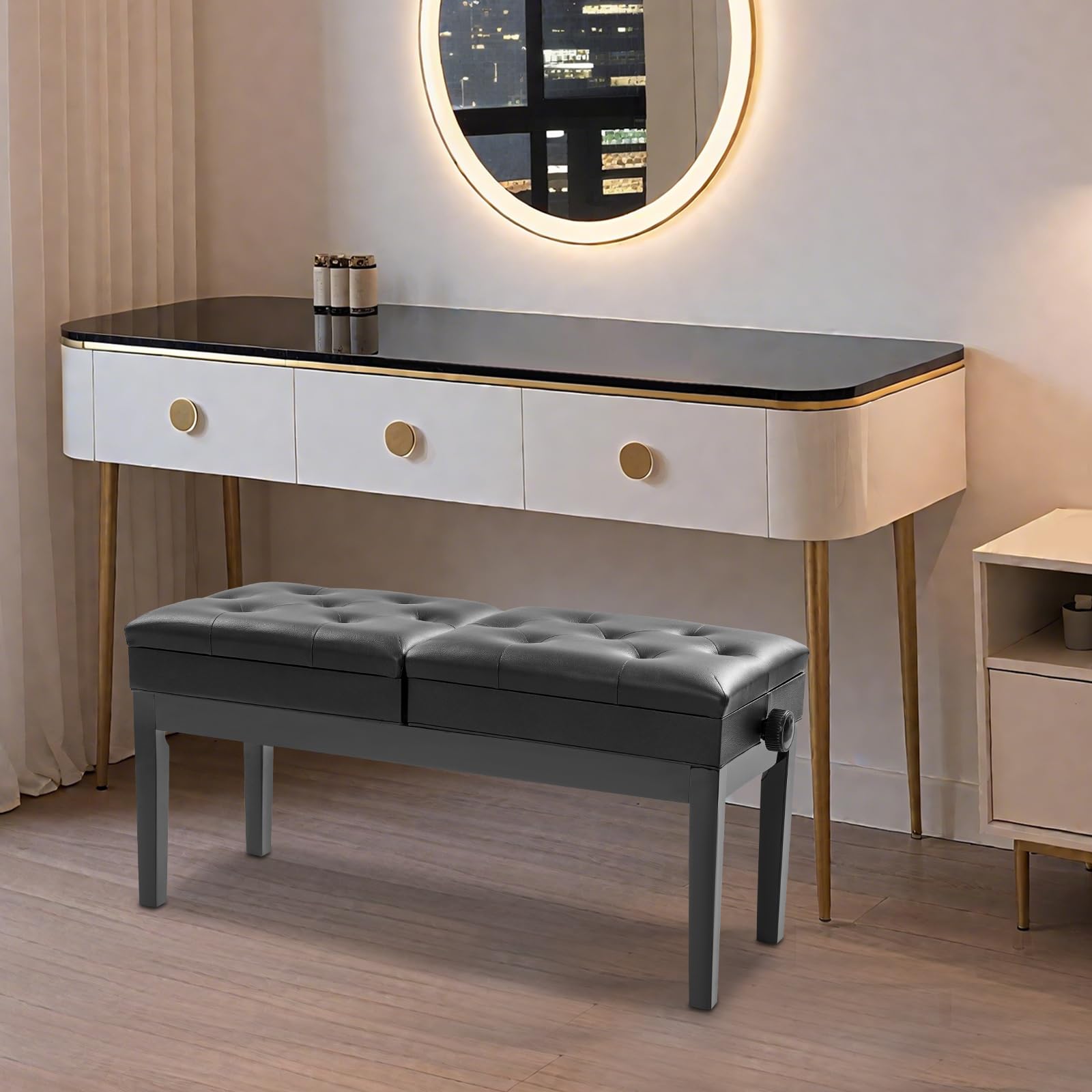 Doppelsitzer Pianobank,108x39x48cm Klavierbank,Klavierhocker Höhenverstellbar 2 Personen,200KG Belastbar,Klavierstuhl mit Stauraum für Zu Hause,Schulen,Konzerten(Schwarz)