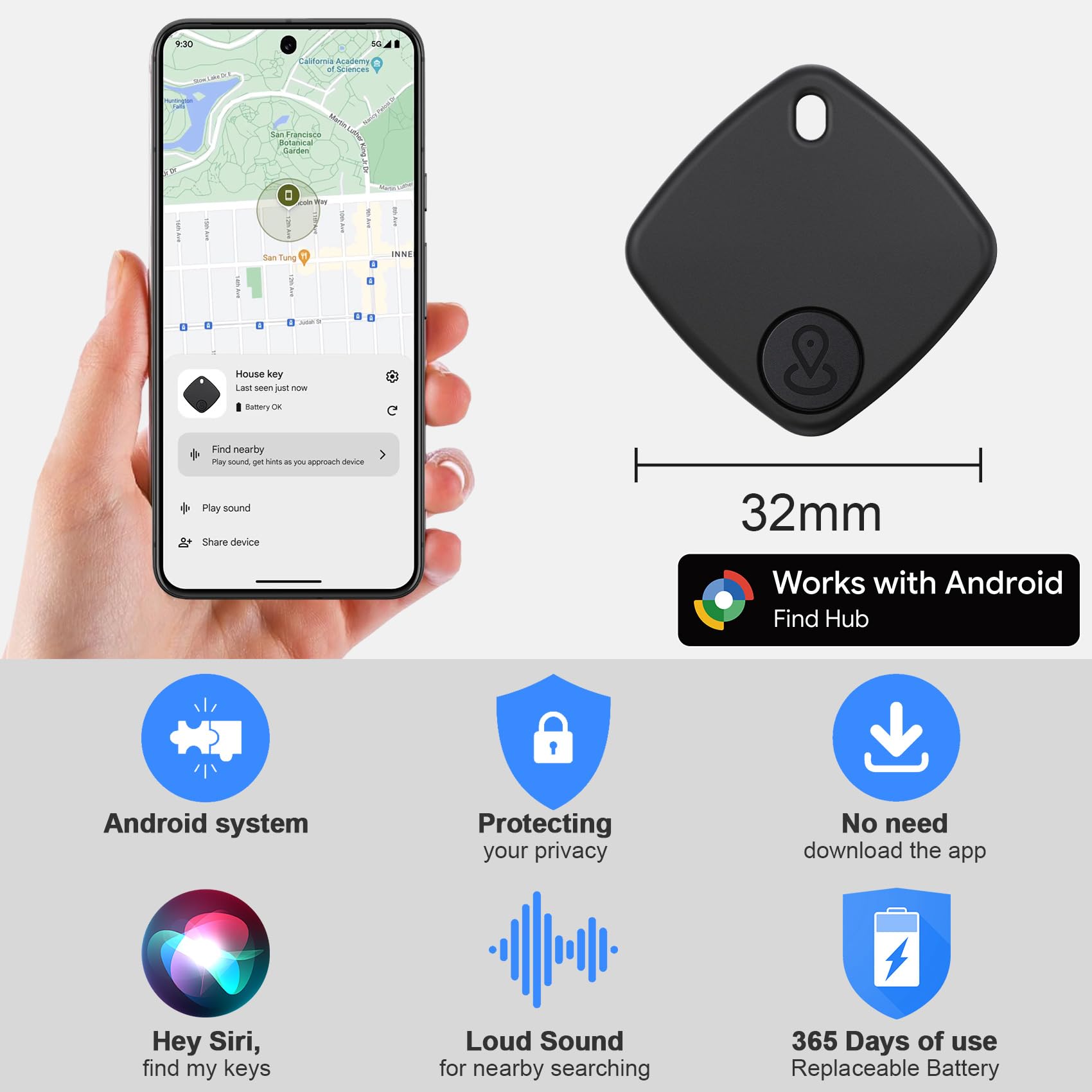 2026 New Tracker Android Smart Tag Funziona con Google's Find Hub, Trova Chiavi Batteria di Ricambio Sostituibile, IP67 Impermeabile Localizzatore Android Bluetooth per Valigia/Portafoglio/Chiavi