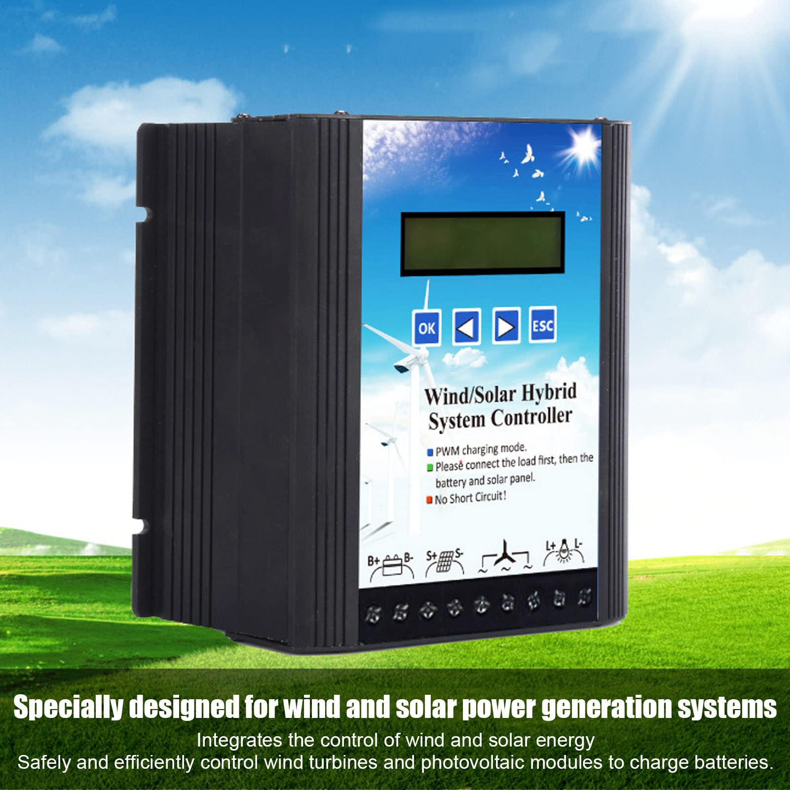 Controlador Híbrido Solar Eólico, Cargador PWM 12V 24V Pantalla LCD para Sistemas Generación Off Grid