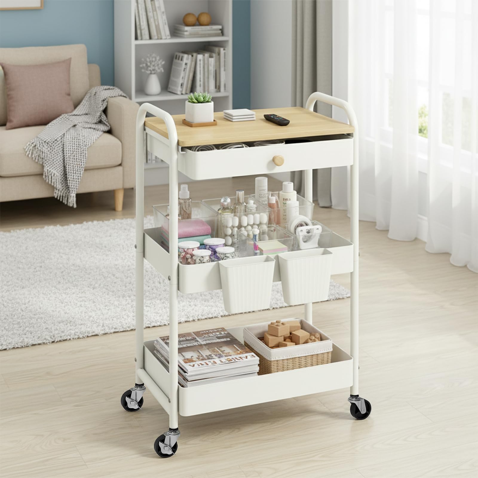 danpinera Carro con ruedas de 3 niveles de metal con cajones y tablero de madera, carrito de servir, carrito de manualidades, carrito de cocina con ruedas para cocina, salón, baño, ganchos y tazas