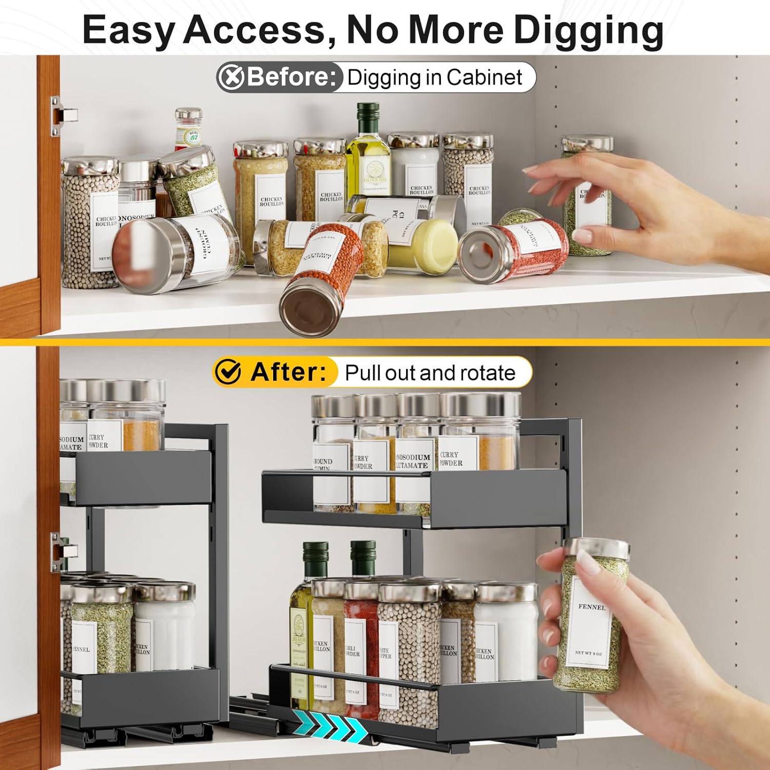 iSPECLE Spice Racks for Inside Cabinet - 1 Pack Peel and Stick Pull out Spice Rack Easy Access No Digging, Height Adjustable for 4oz to 8oz Spice Jars, Fits Over 9" Wide Small Pantry Kitchen Cabinet