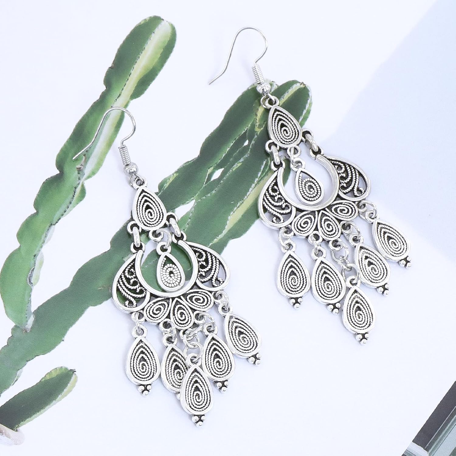 Chandelier Earrings for Women, Bohemian Silver Filigree Drop Earrings - 3 Inch Lightweight Boho Chandelier Earrings with Tassel, Hypoallergenic Statement Jewelry for Wedding & Festival - Image 3
