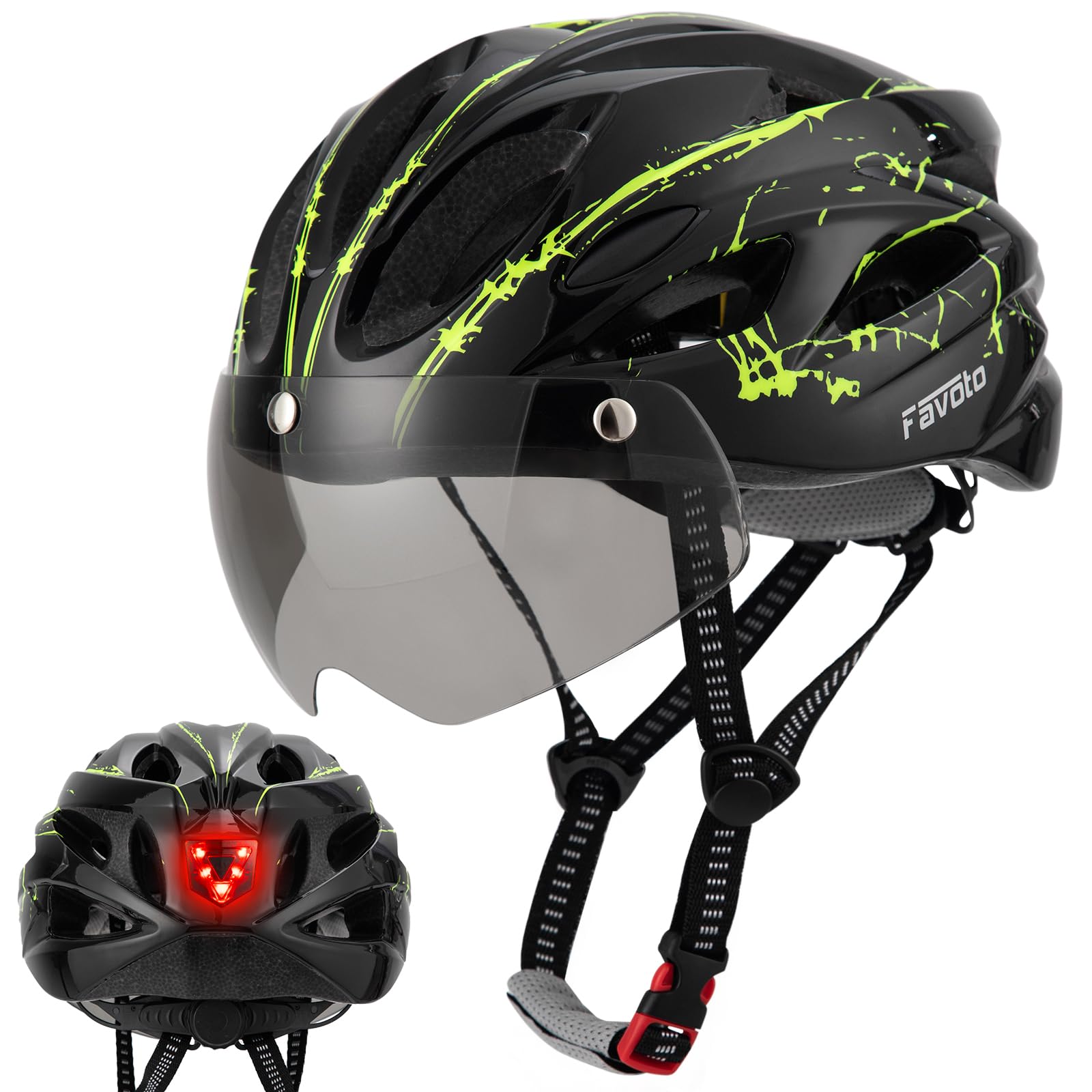 Favoto Casco Bici Adulti con Luce LED e Visiera Magnetica, Verde