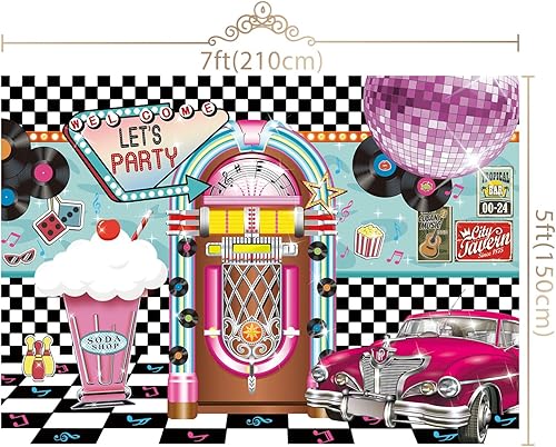 Miniatura 4 de Maijoeyy Telón de fondo de 7 x 5 pies de regreso a los años 50 para cumpleaños, Rock Roll Party de los años 50, tienda de refrescos, fondos de fotos