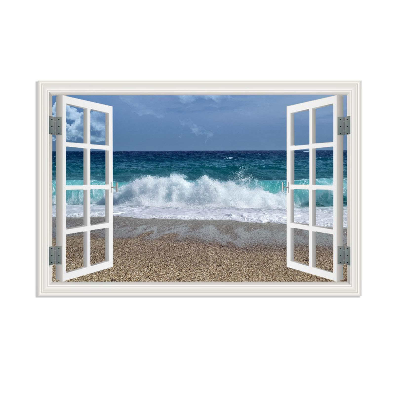 MOBYAT View Through Open Window on Canvas,Blue Beach Ocean Landscape Paintings,Beach Window Poster 3D Window View Wall Art Canvas Tropical Beach for Home Office Decorations105x70cm(41x28in) Frameless