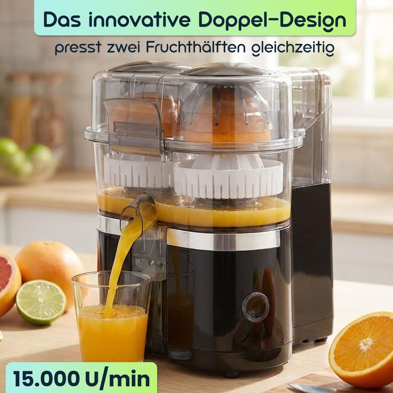 Kabelloser Akku Doppel-Entsafter 120W: Mobile USB-C Saftpresse & Zitruspresse | Effizient & Kompakt für frische Säfte & Smoothies To Go