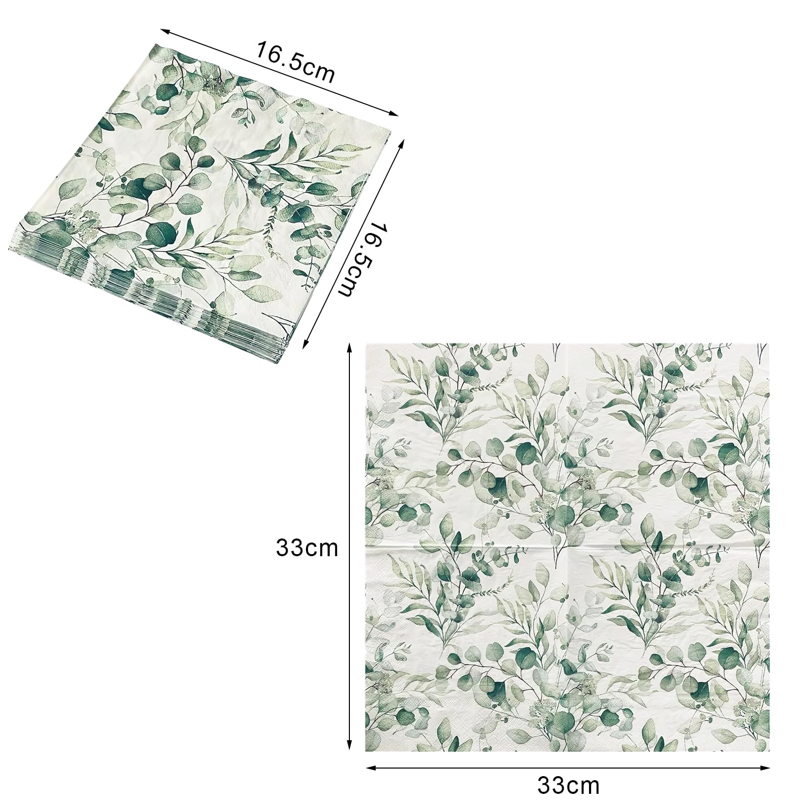 Tovaglioli Di Carta Con Stampa Eucalipto - 60 Pezzi | Verde E Bianco | Per Matrimoni, Battesimi E Feste - Foto 3