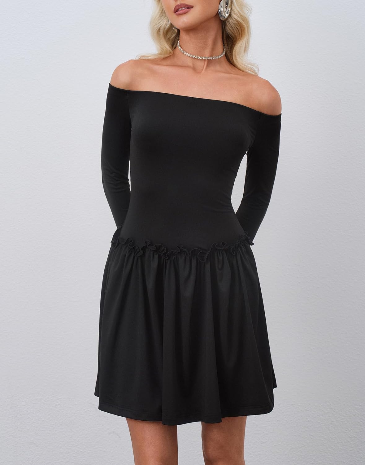 HYPERFIRE Women's Long Sleeve Off The Shoulder Mini Dress Drop Waist Short Party Dresses - Image 5