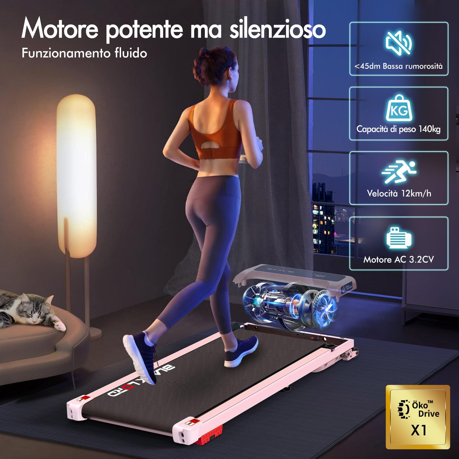 BLACK LORD Tapis roulant, Walking pad 12/16 km/h, Tappetino da corsa con/senza inclinazione del 9%, Sotto la scrivania, Portatile, Silenzioso, Display LED, App, Capacità di carico 140 kg