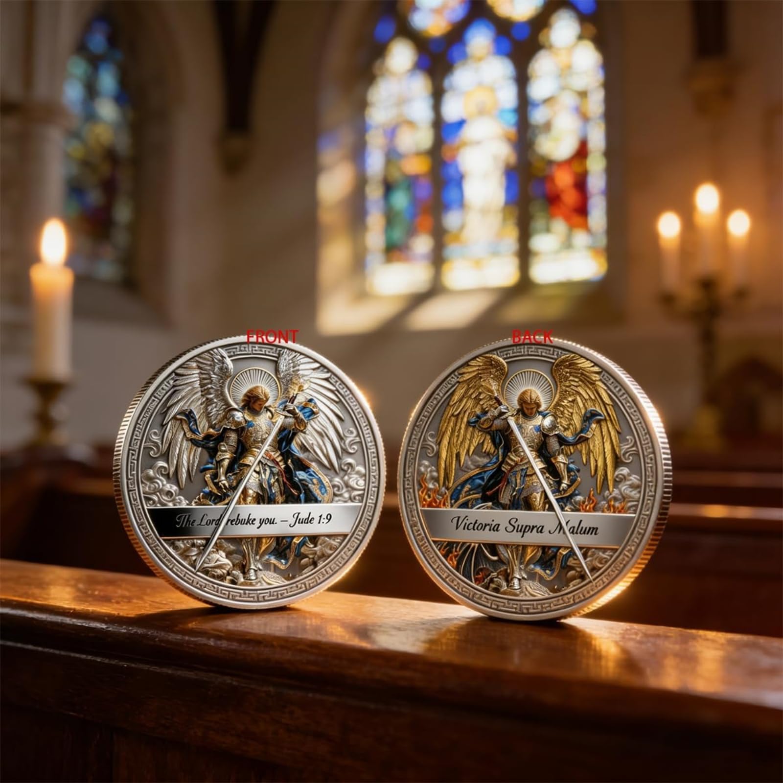 Saint Michel Archange – Pièce commémorative « Victoire sur le mal », pièce double face avec motif biblique et étui en acrylique, cadeau chrétien inspirant pour les collectionneurs (A*1)