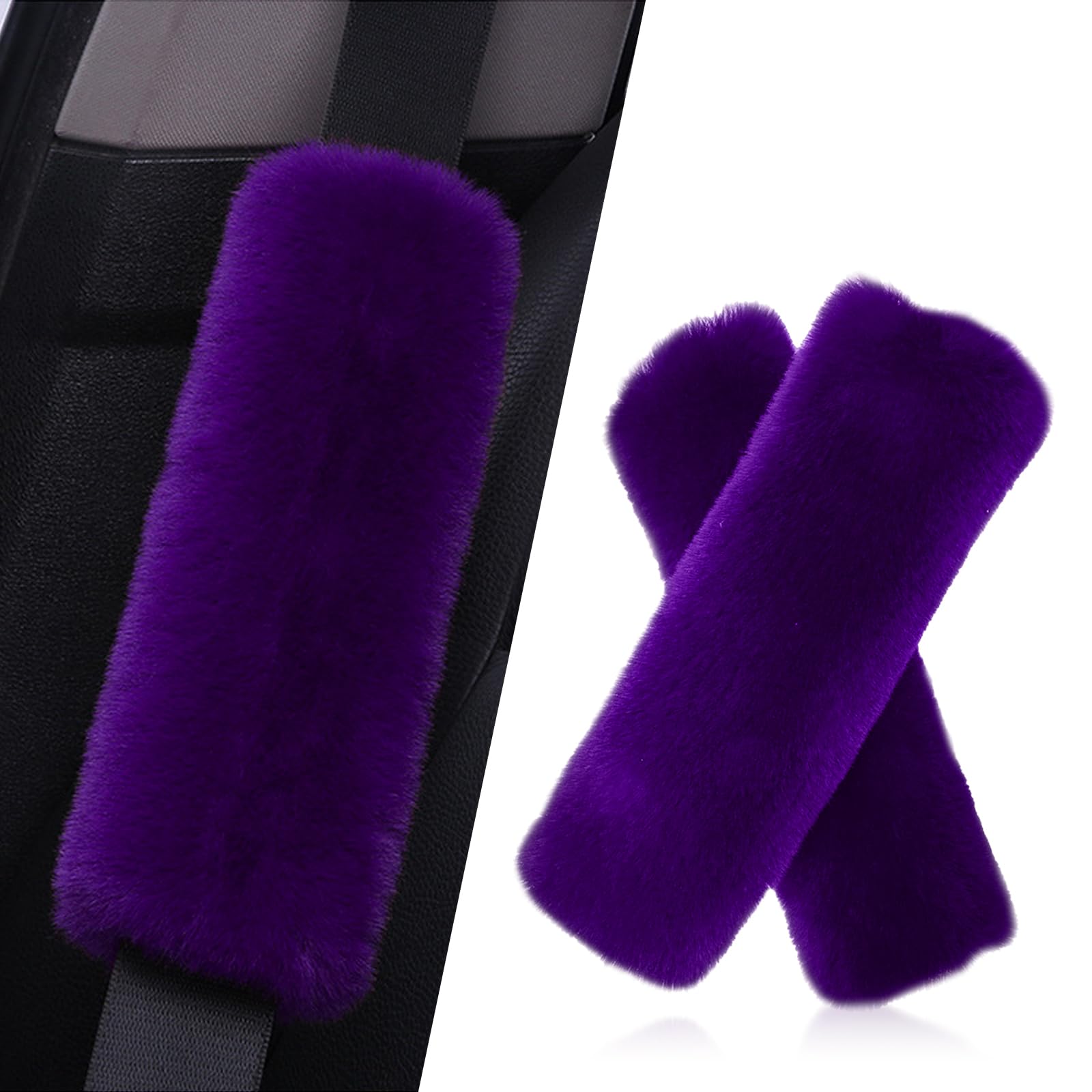 Pack-2 Car Seat Belt Pads, Fluffy Shoulder Pads, Self-Adhesive Auto Protective Pads, Soft Faux Rabbit Plush Pads, Backpack Strap Cover, Universal for Most Cars, Trucks, SUVs (Purple)