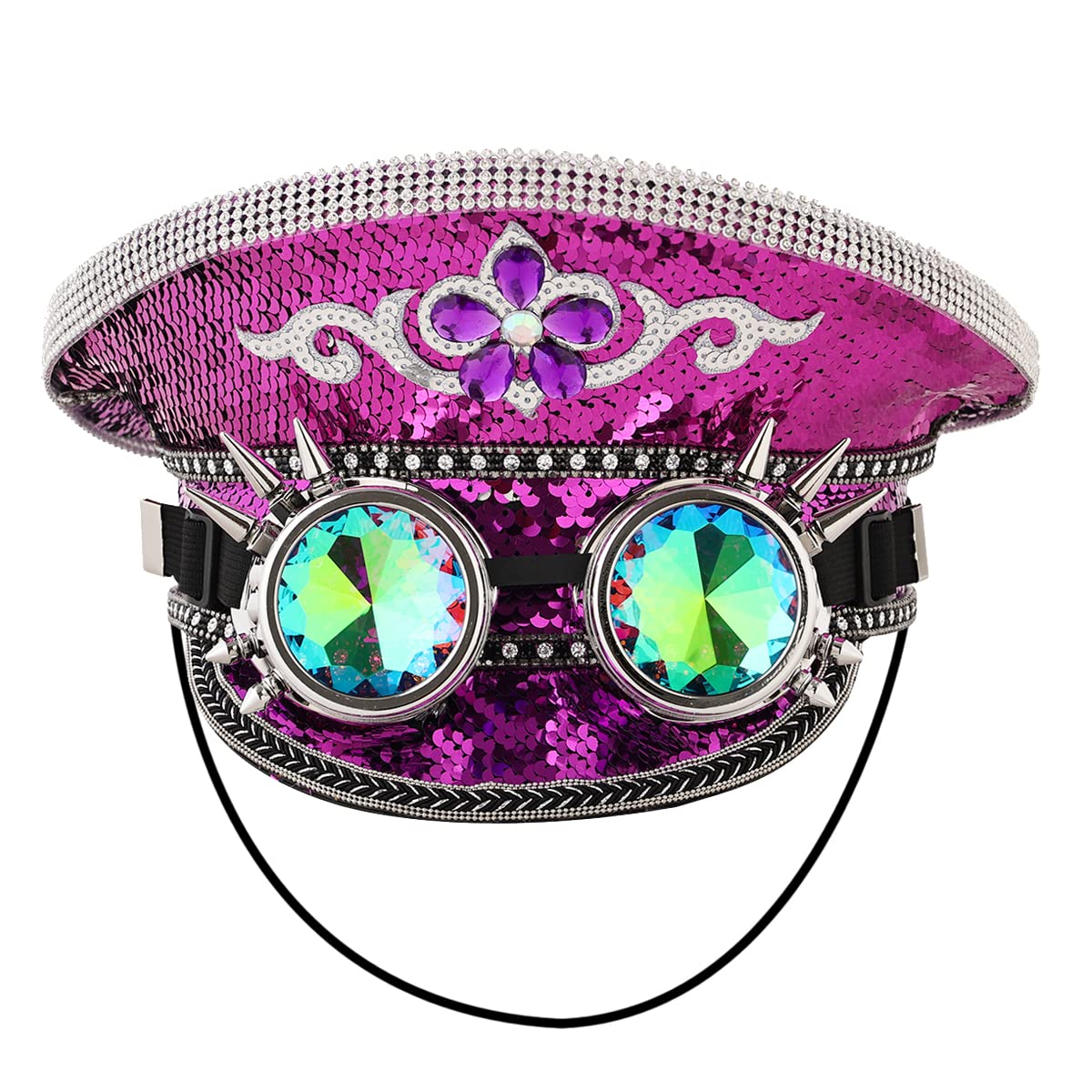 BPURB Unisex Sequin Military Captain Hats with Goggles Steampunk Burning Man Top Hat Festival Halloween Cosplay Costume Caps (Purple)