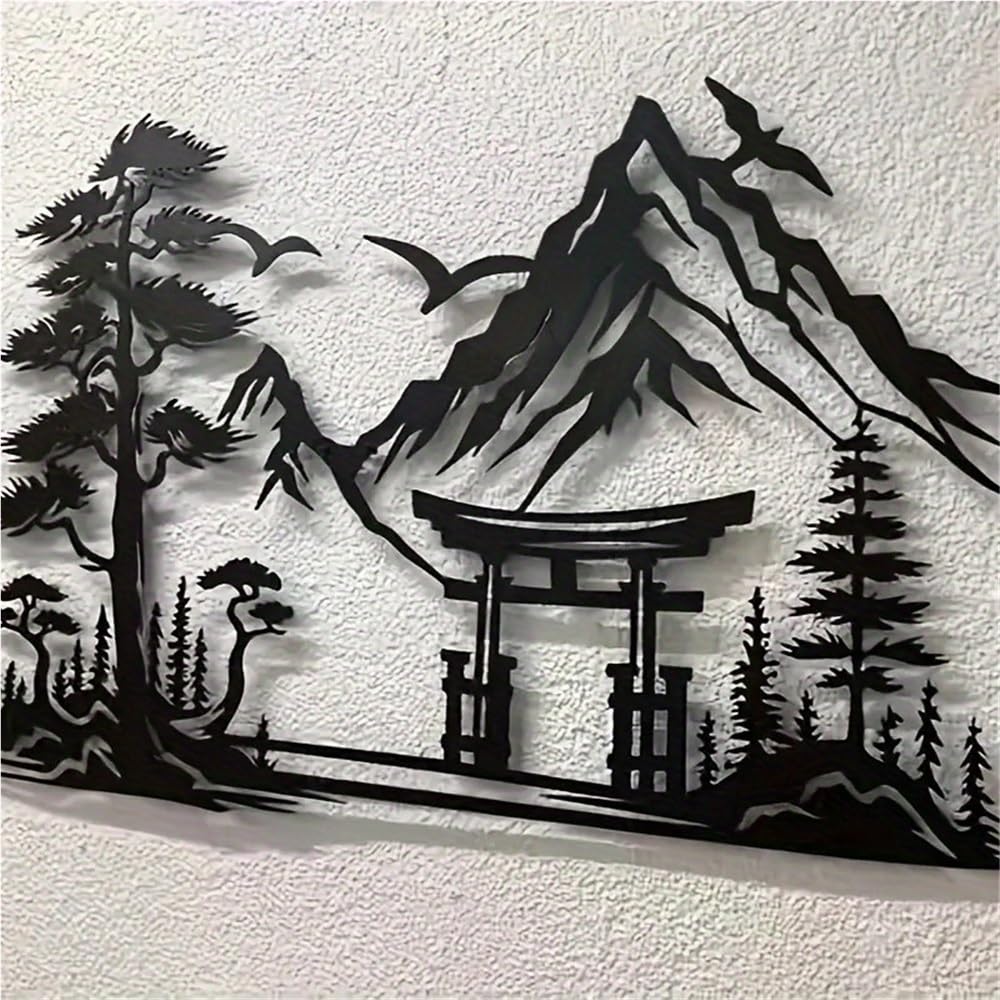 Japanisches Torii Tor aus Metall Wandskulptur mit gestreiftem Blumenmuster Zen Stil für Zuhause und Büro Asiatisch inspirierte Raumdekoration mit Naturmotiven (40 cm/15,74 Zoll)