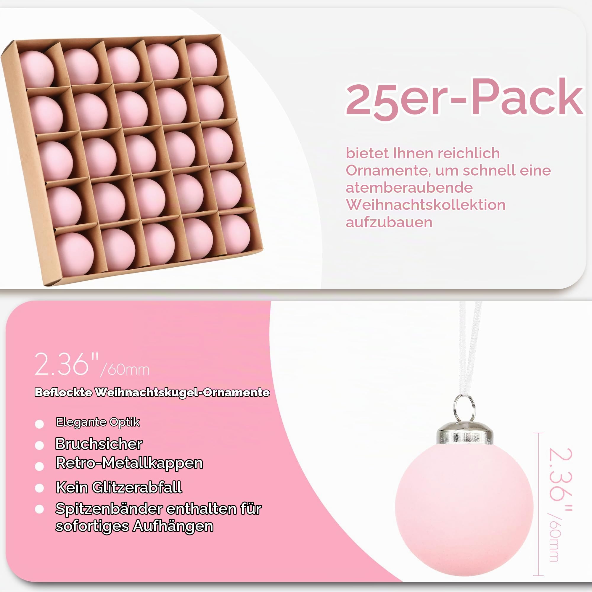 Sea Team 25er-Pack 60mm Samt Weihnachtskugeln Rosa | Beflockte bruchsichere Velourskugeln für Weihnachtsbaum, Kranz und Girlande
